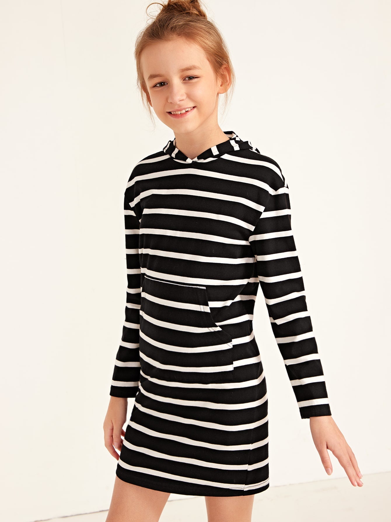 Girls Kangaroo Pocket Hooded Striped Dress
