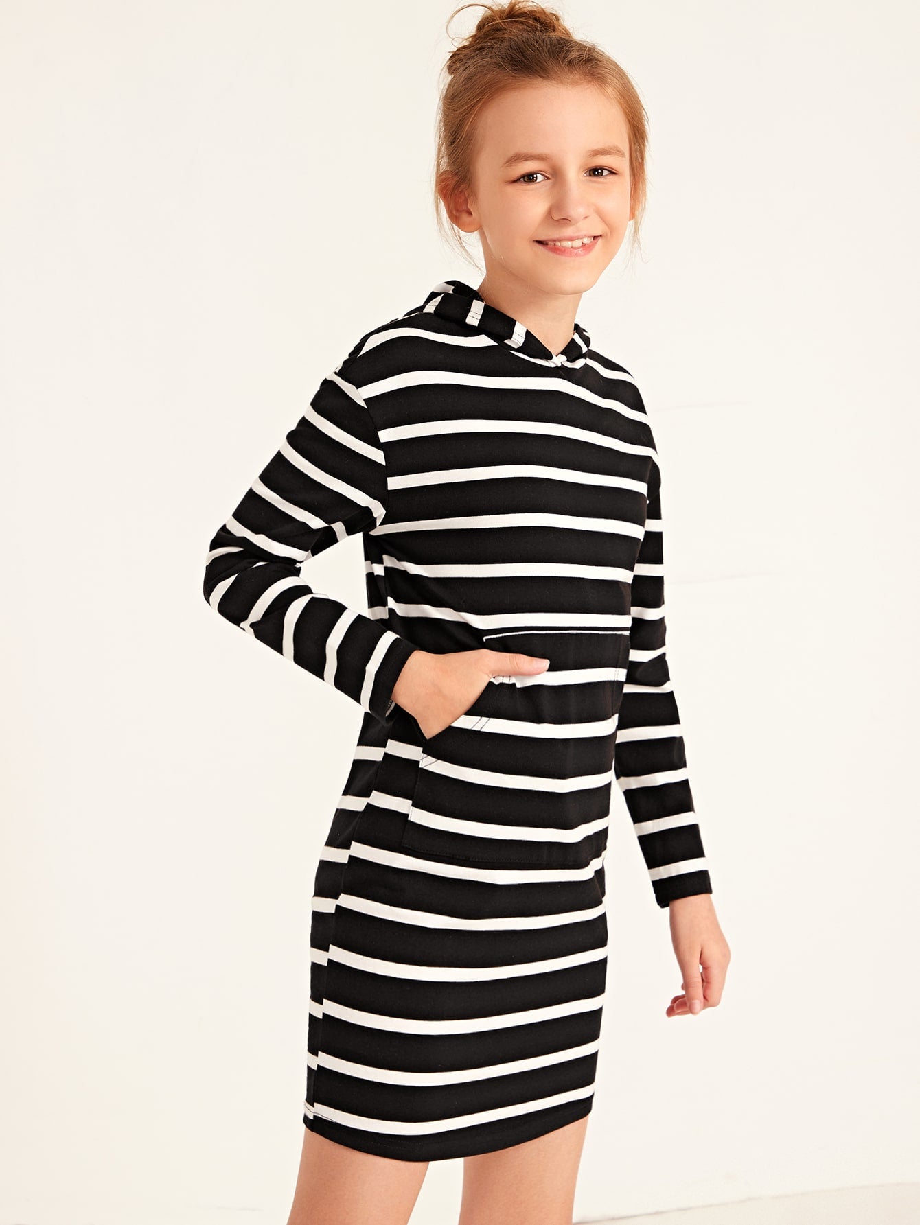 Girls Kangaroo Pocket Hooded Striped Dress