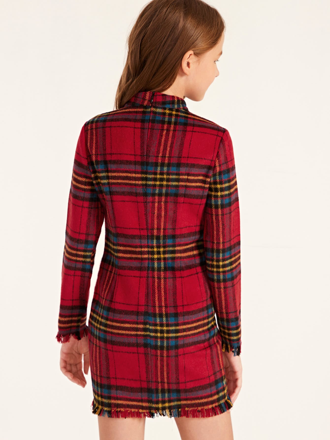 Girls Mock-Neck Raw Trim Plaid Dress