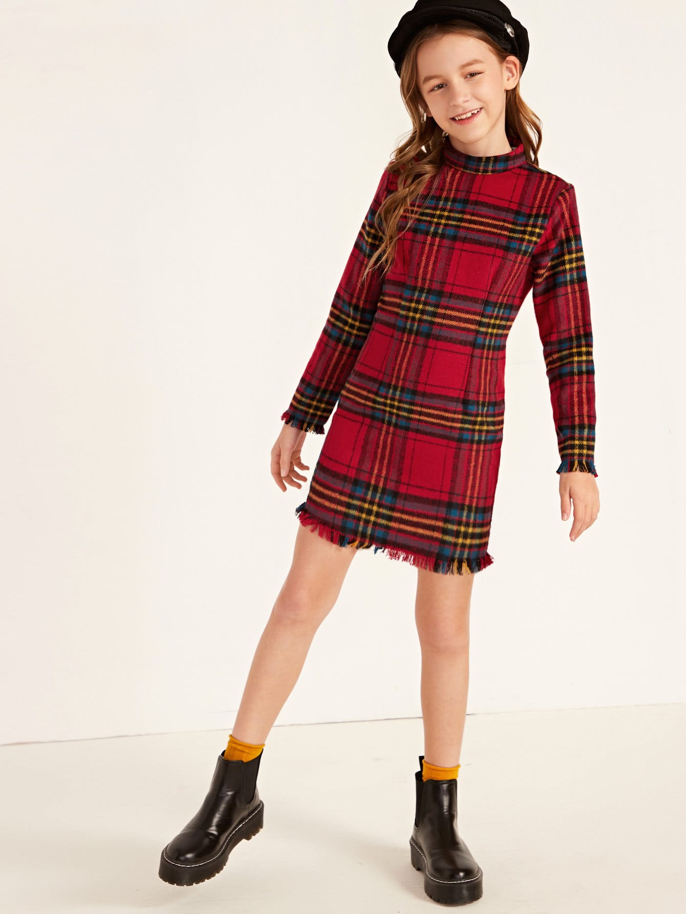 Girls Mock-Neck Raw Trim Plaid Dress