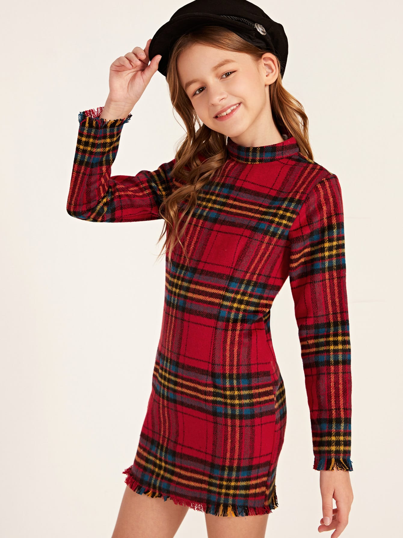 Girls Mock-Neck Raw Trim Plaid Dress
