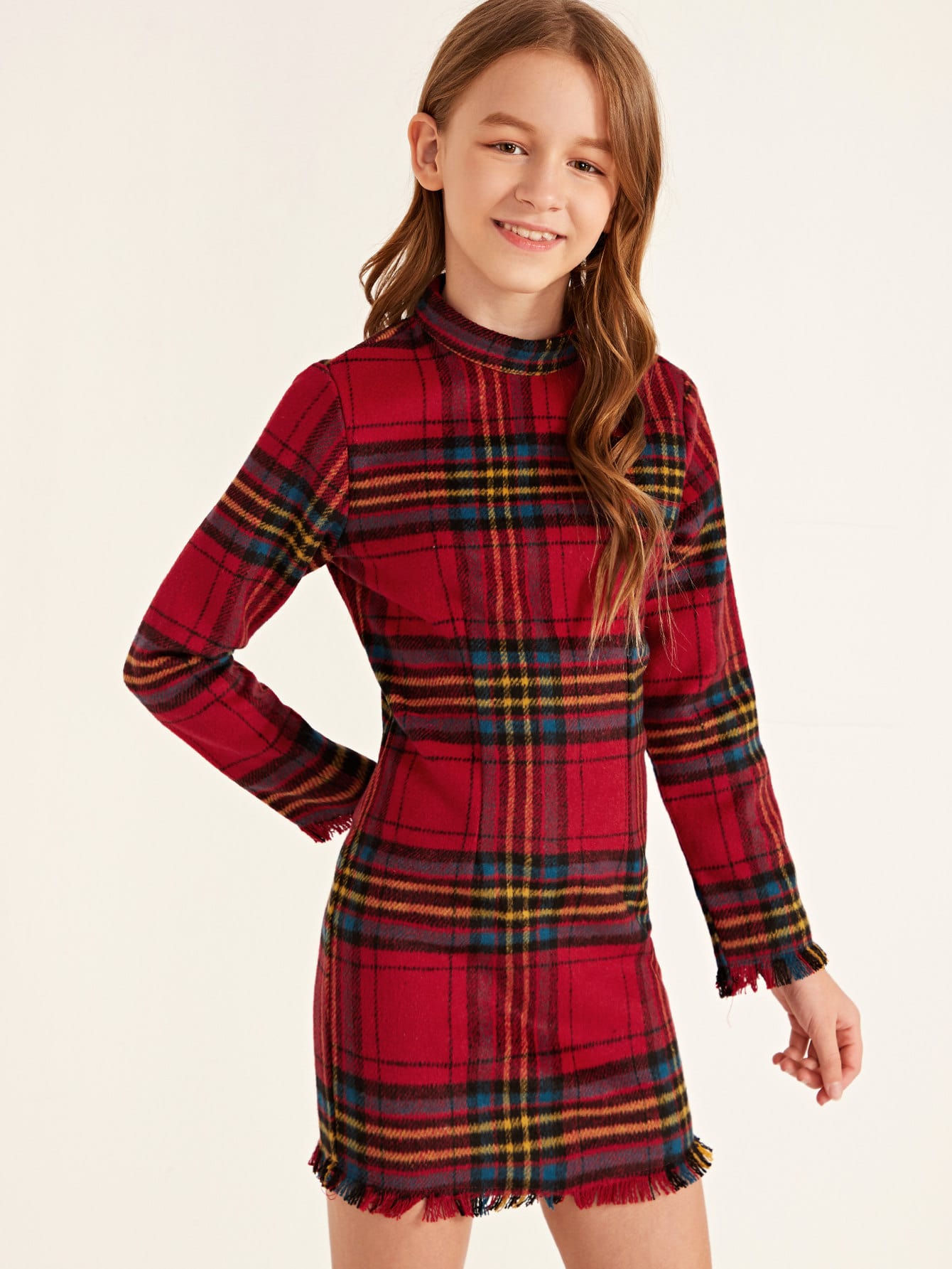 Girls Mock-Neck Raw Trim Plaid Dress