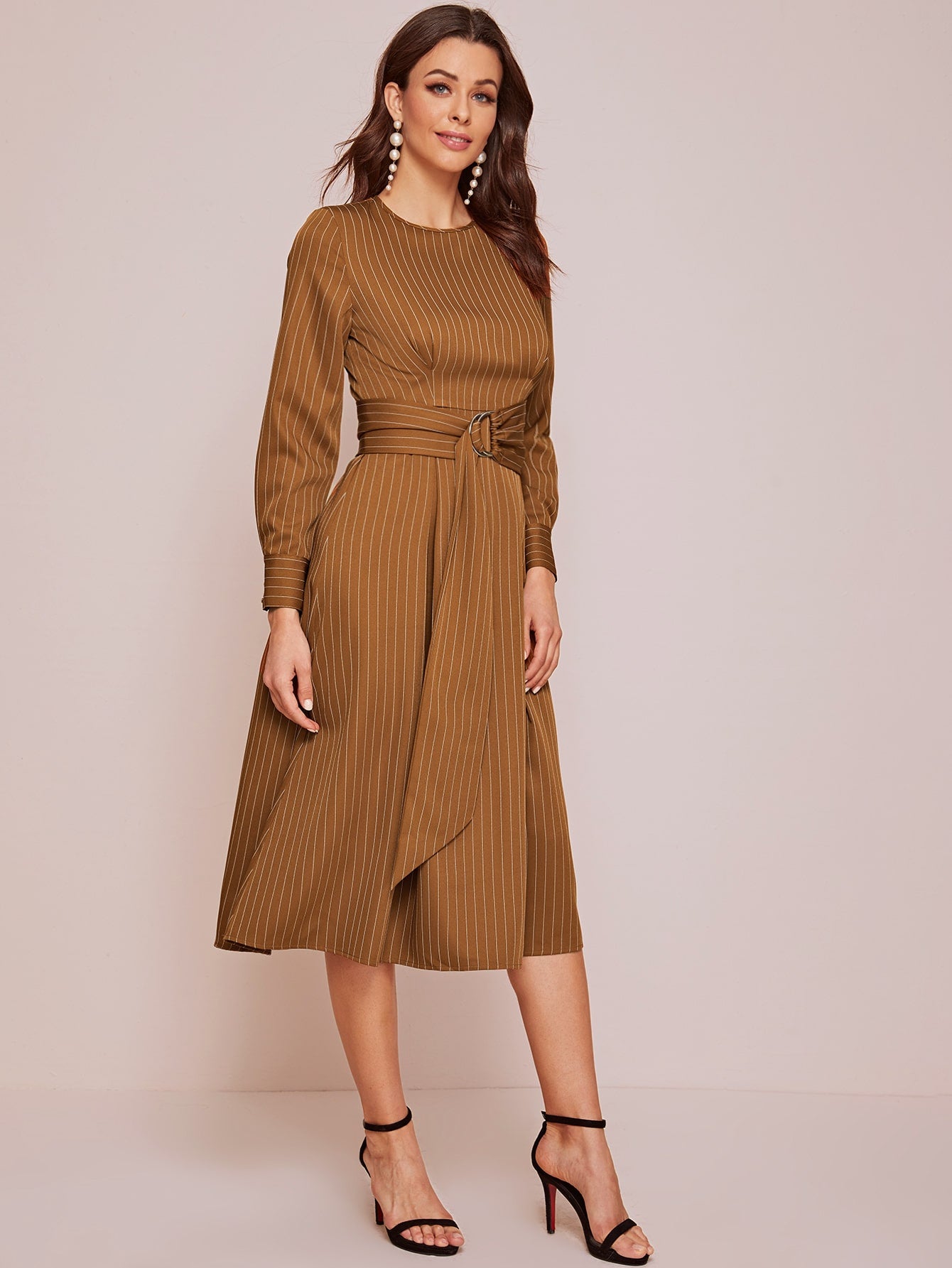 Buttoned Cuff Striped Dress With Belt