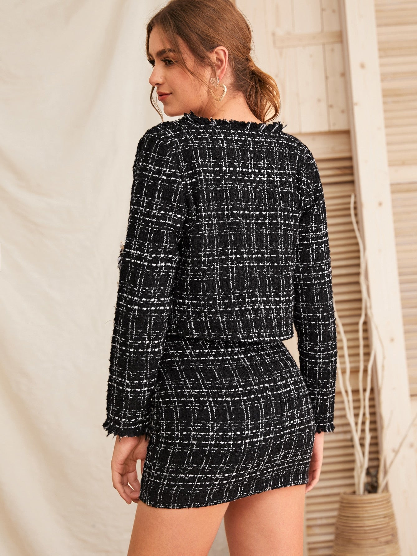 Raw Trim Tweed Jacket & Button Detail Skirt Set
