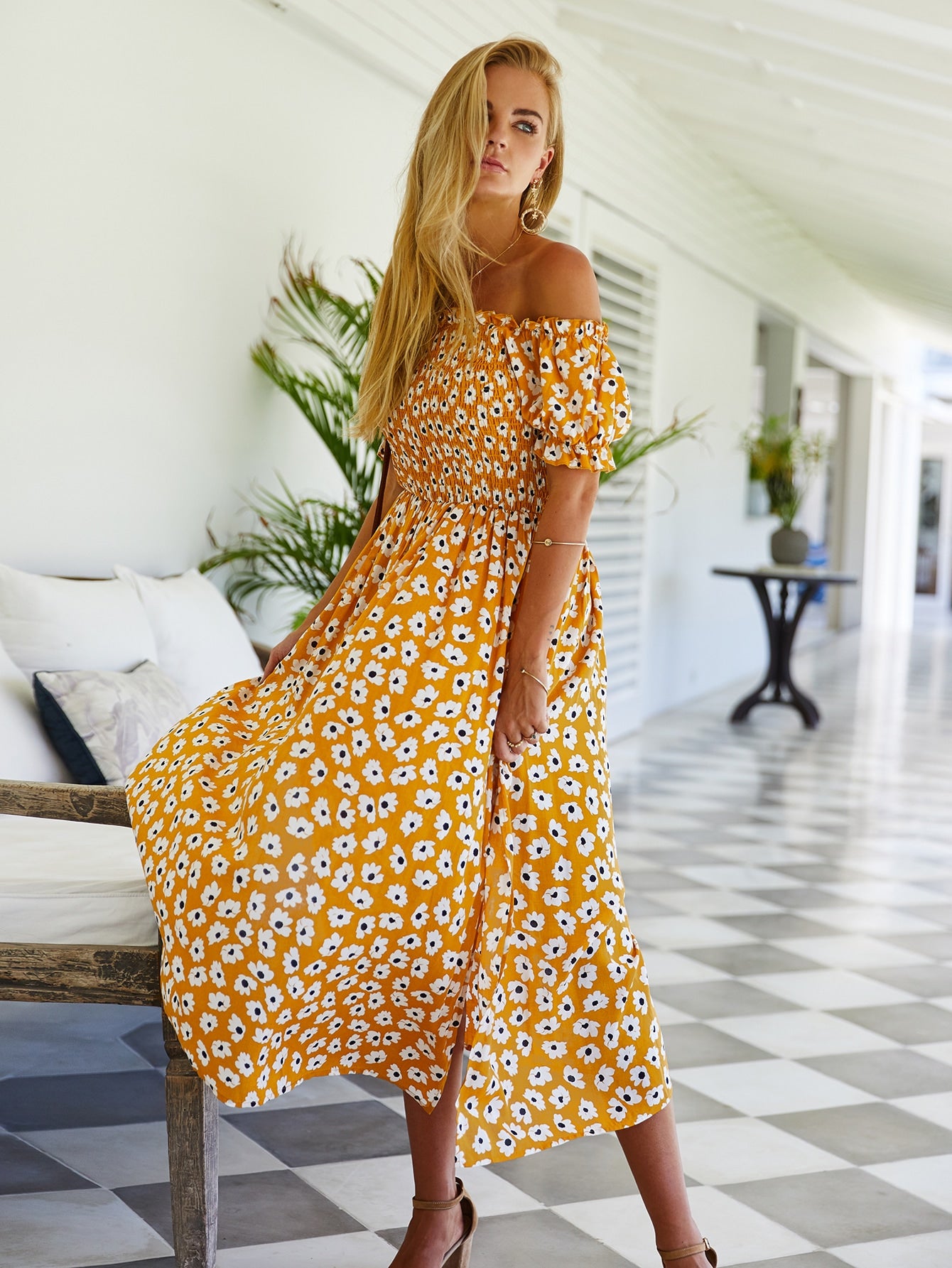 off shoulder shirred dress SAMPLE-Coconut Shirred Dress SABO