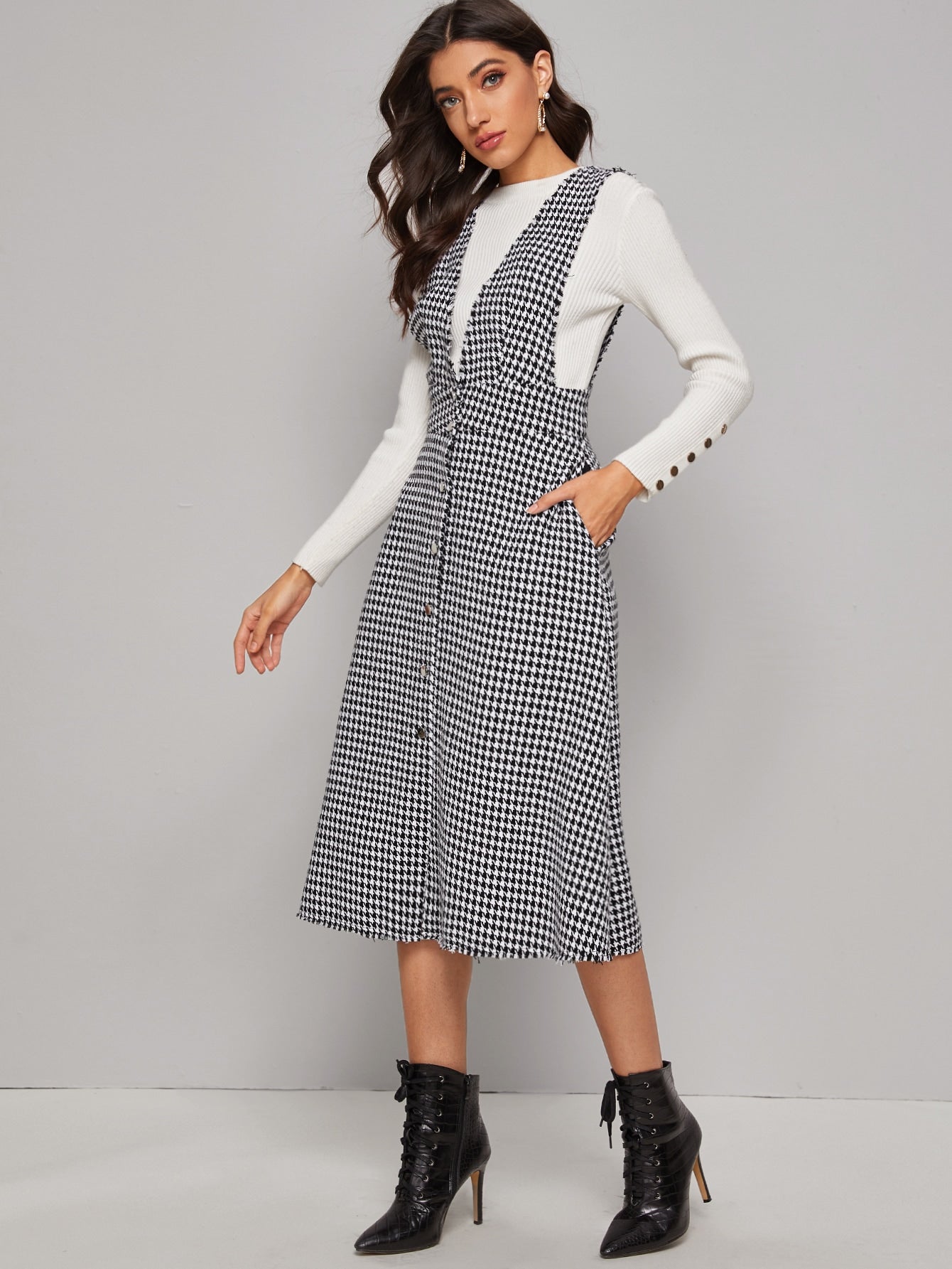 Button Front Raw Hem Houndstooth Tweed Pinafore Dress
