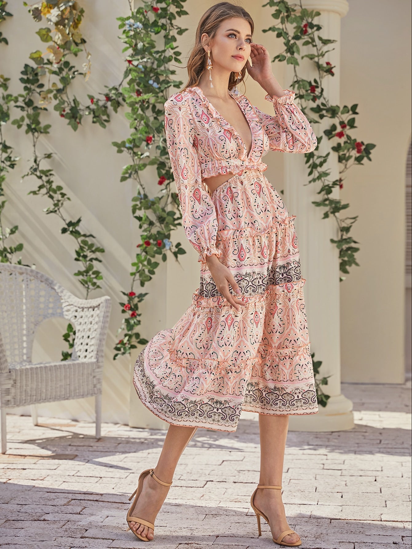 Plunging Neck Lace Up Back Layered Tribal Print Dress