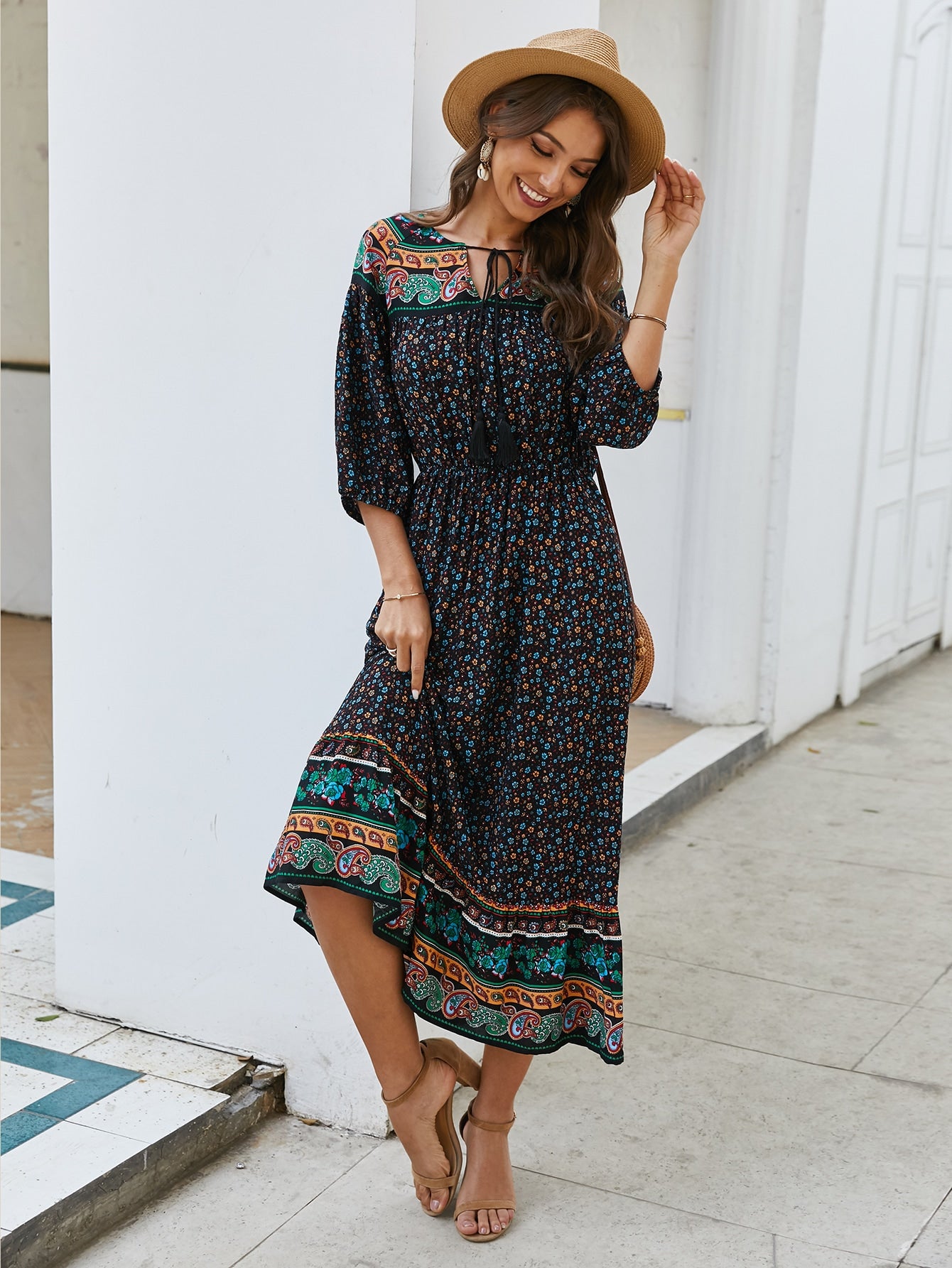 Ditsy Floral And Tribal Print Ruffle Hem Dress