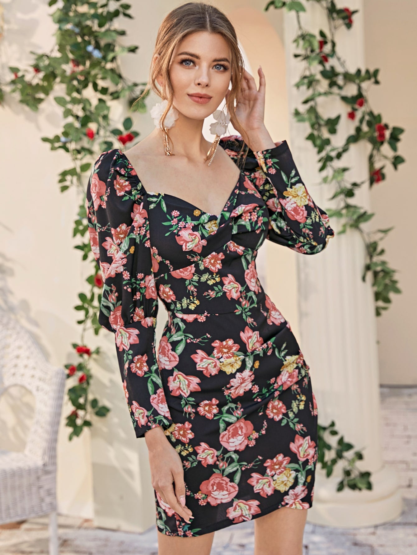 Sweetheart Neck Gigot Sleeve Floral Print Dress