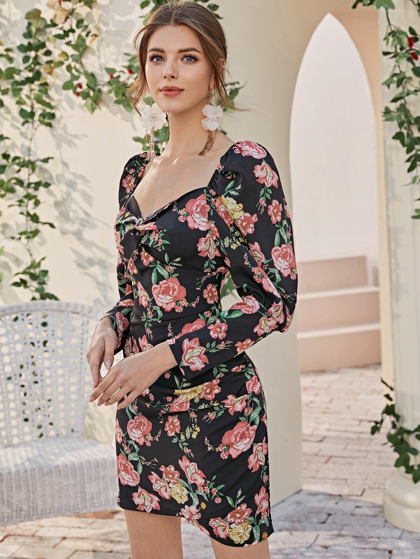 Sweetheart Neck Gigot Sleeve Floral Print Dress