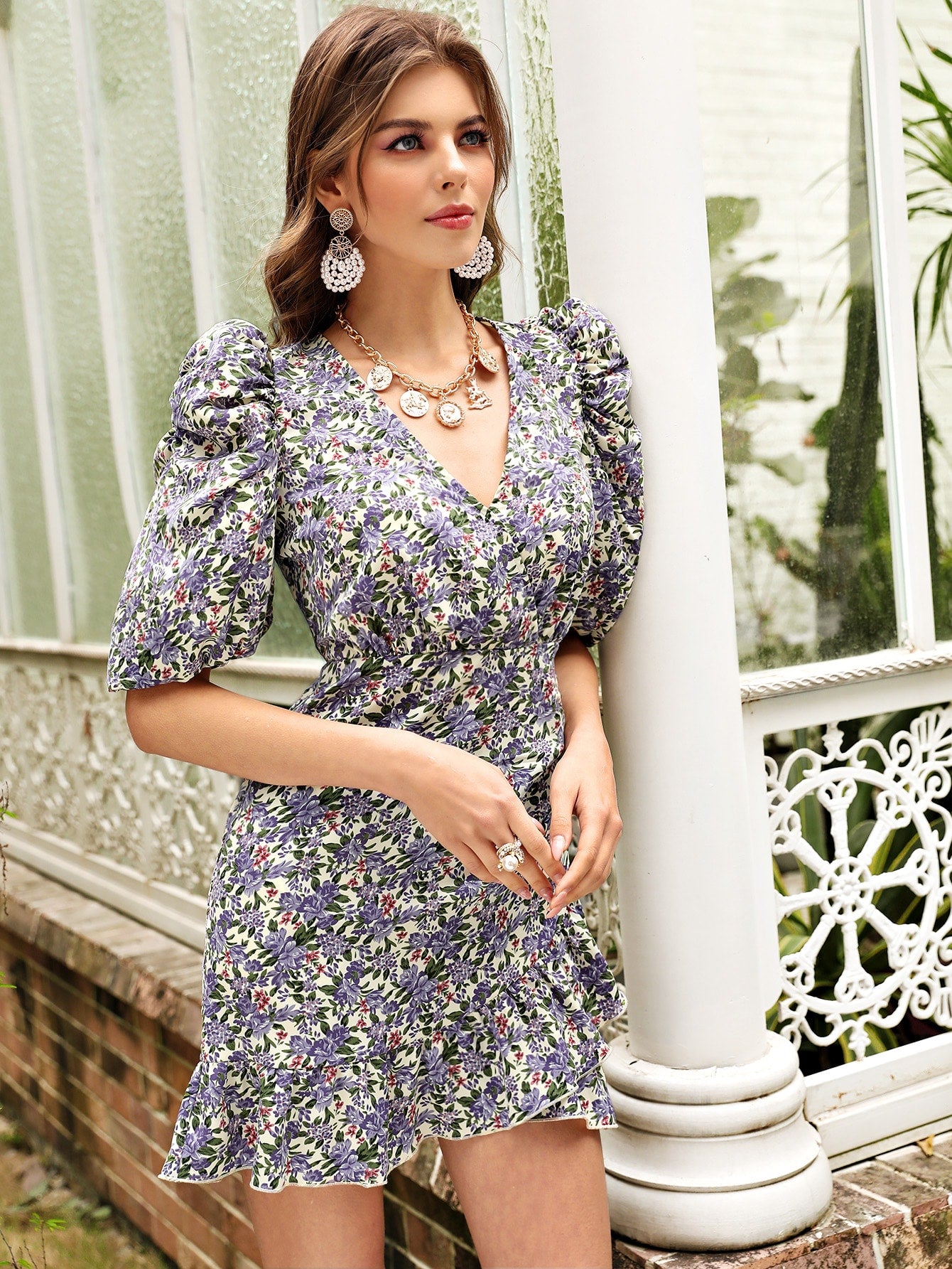 Puff Sleeve Ruched Ruffle Hem Floral Dress