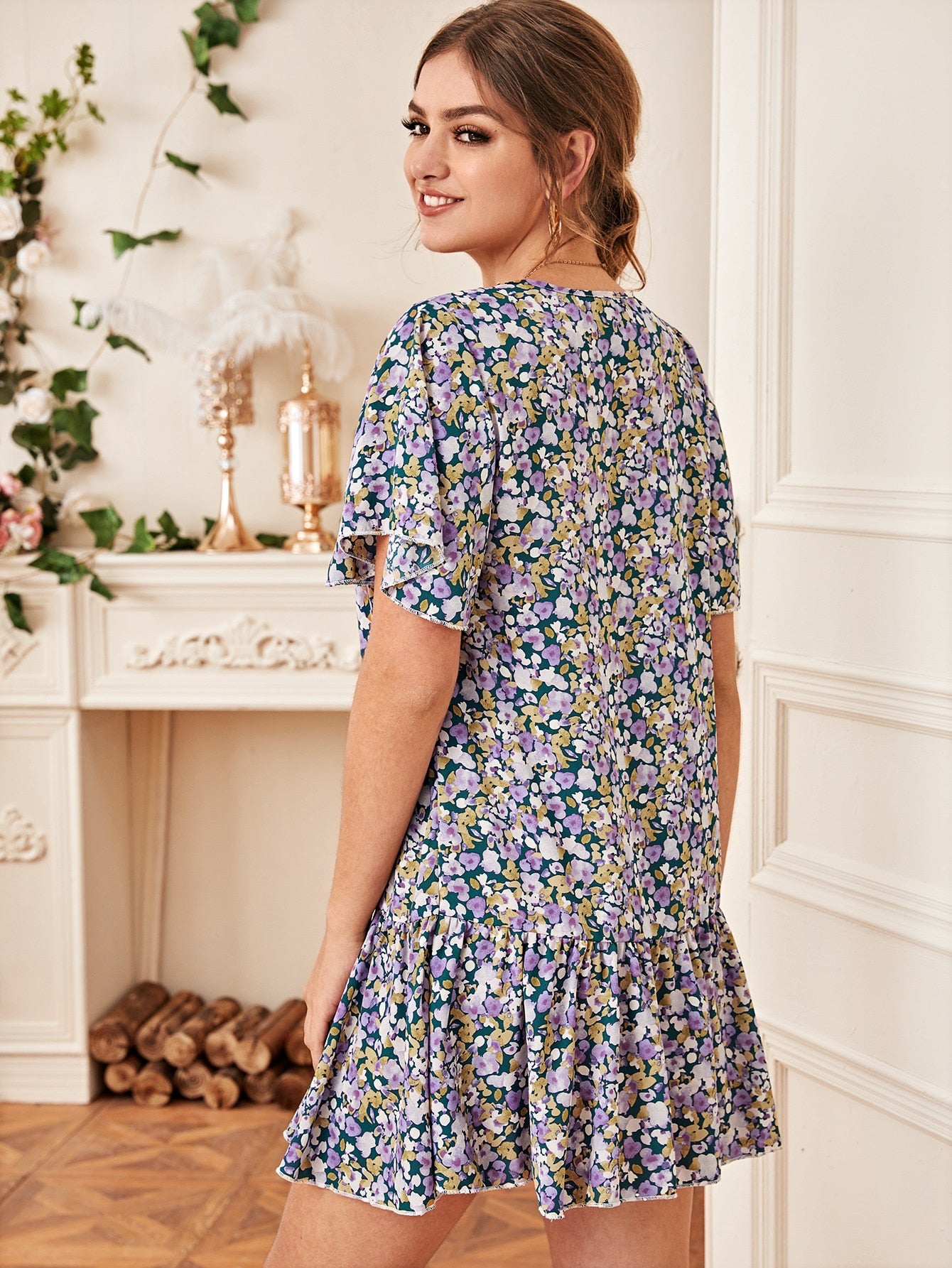 Button Front Floral Print Ruffle Hem Dress