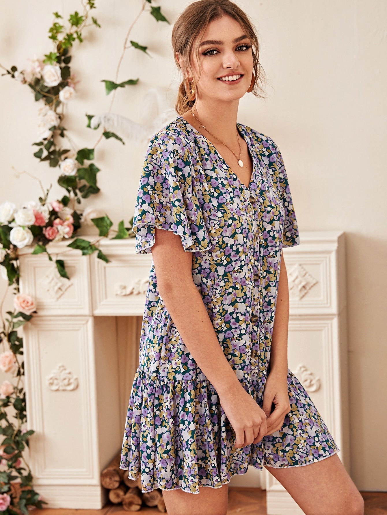 Button Front Floral Print Ruffle Hem Dress
