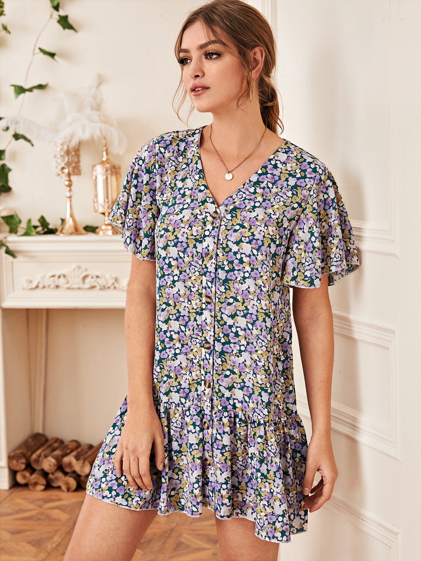 Button Front Floral Print Ruffle Hem Dress