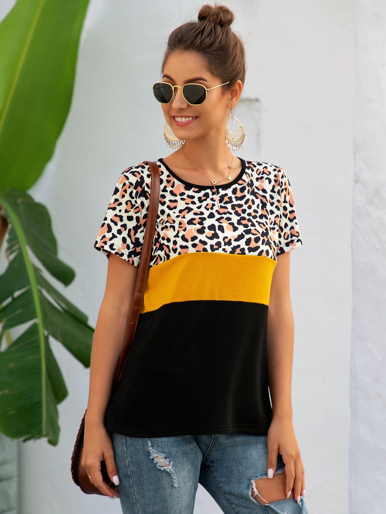 Cut And Sew Leopard Print Tee