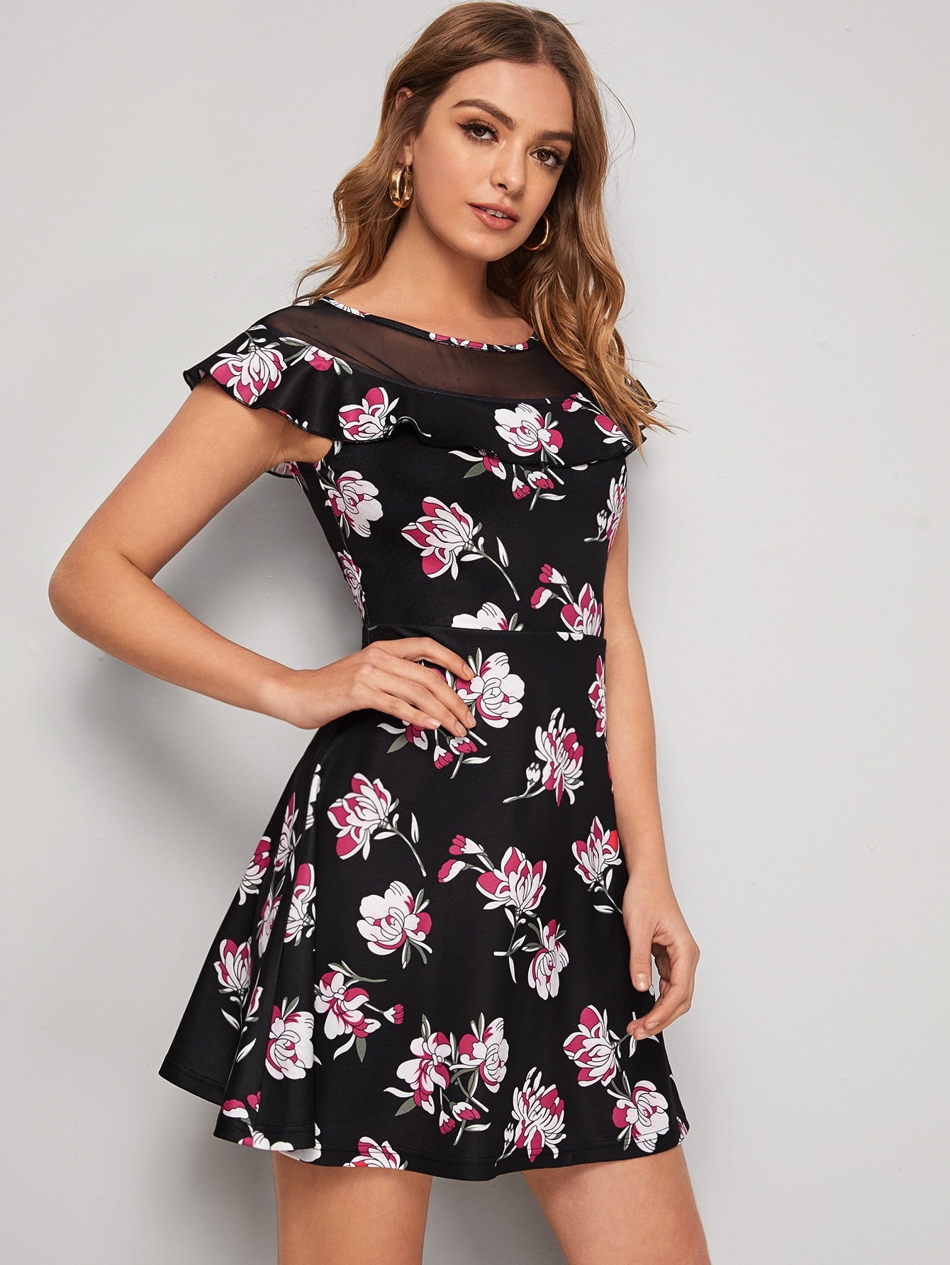 Mesh Insert Ruffle Detail Floral Dress