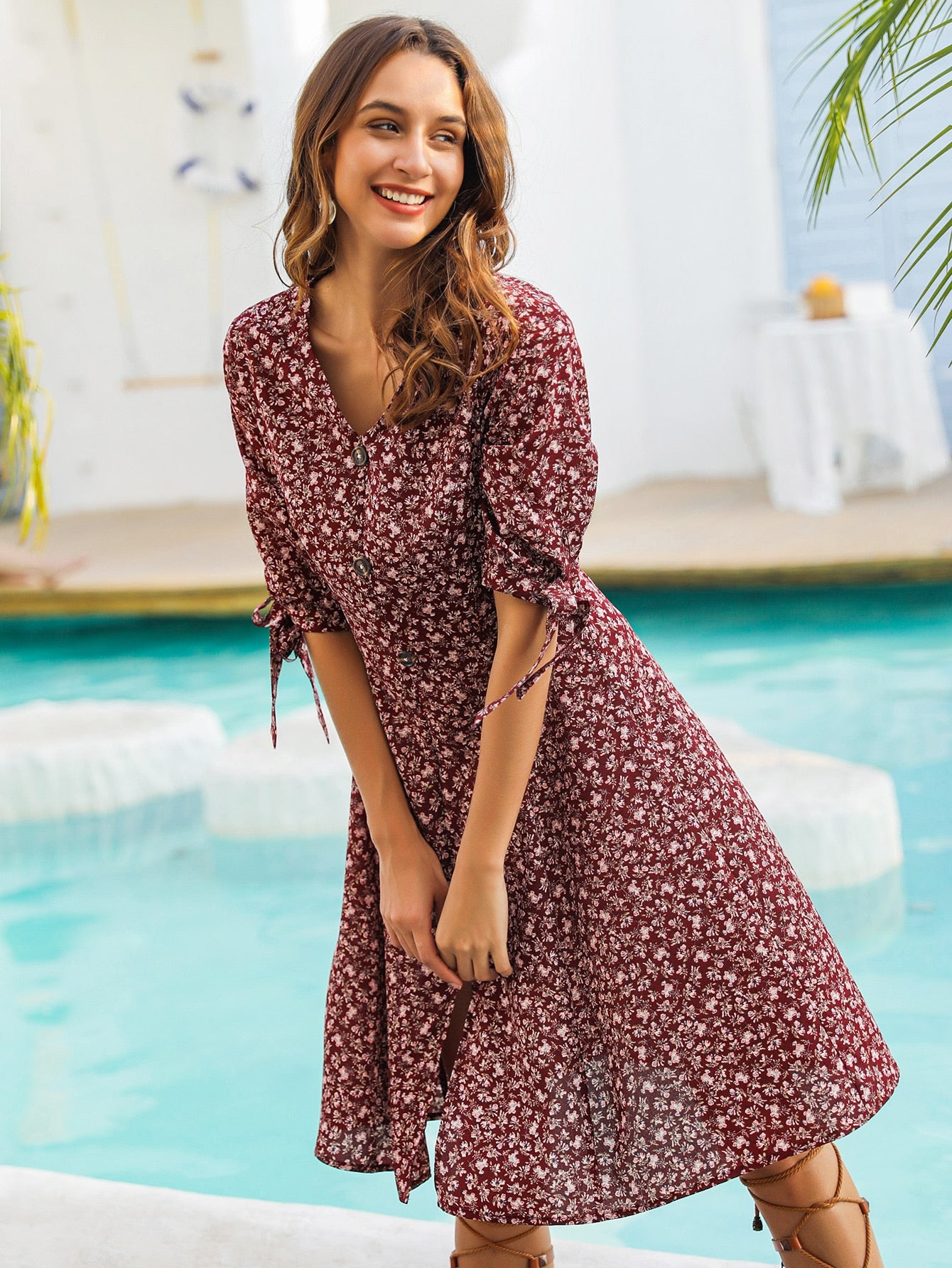 Ditsy Floral Print Knot Cuff Dress