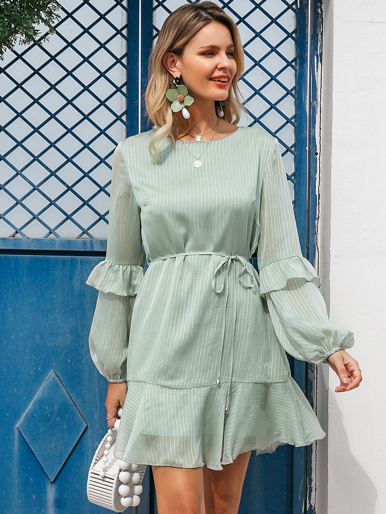 Ruffle Trim Belted Striped Dress