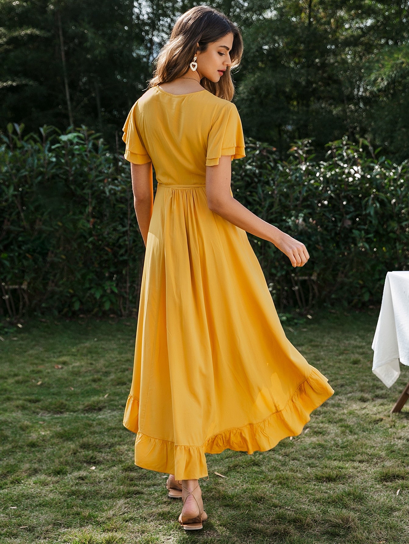 Ruffle Hem Wrap Belted High Low Dress