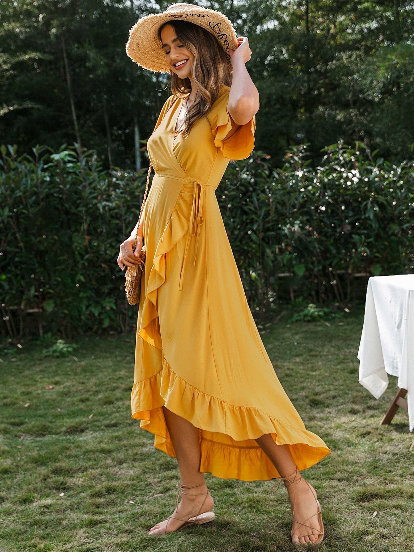Ruffle Hem Wrap Belted High Low Dress