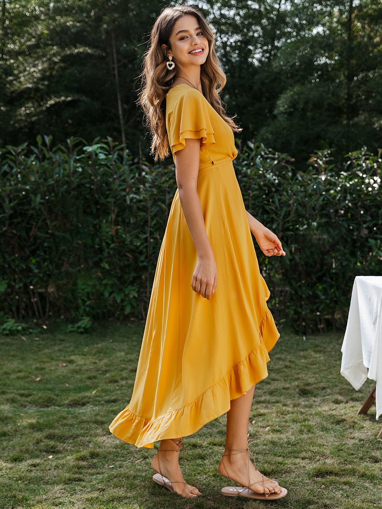 Ruffle Hem Wrap Belted High Low Dress