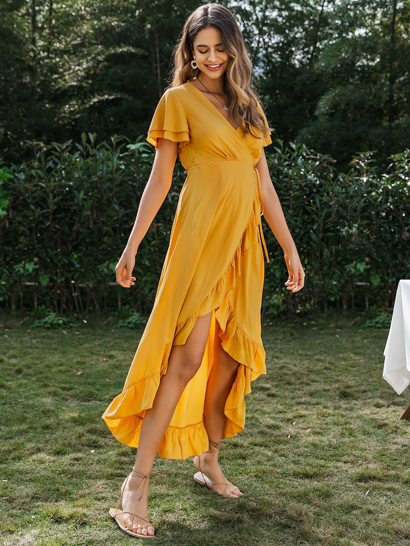 Ruffle Hem Wrap Belted High Low Dress