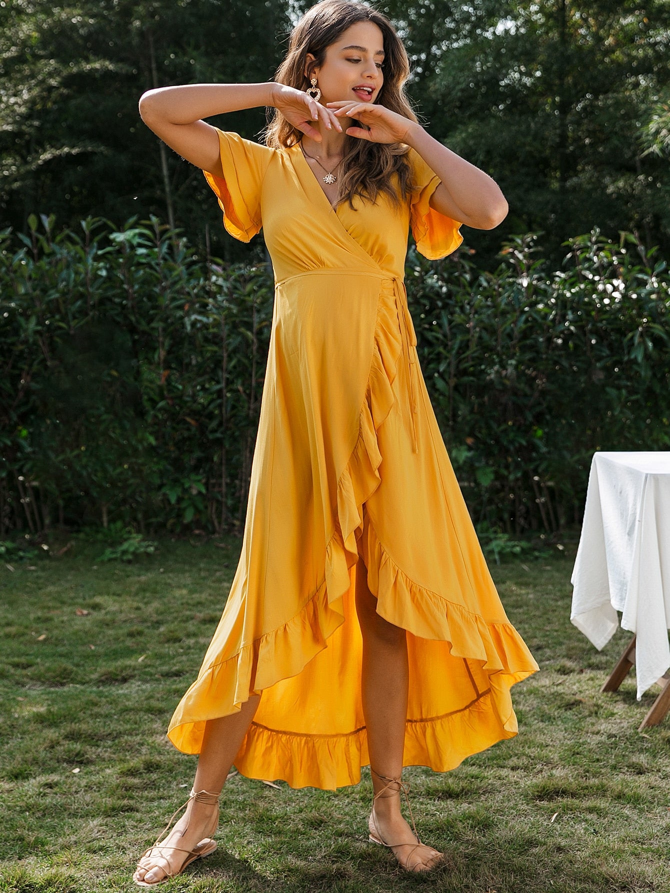 Ruffle Hem Wrap Belted High Low Dress