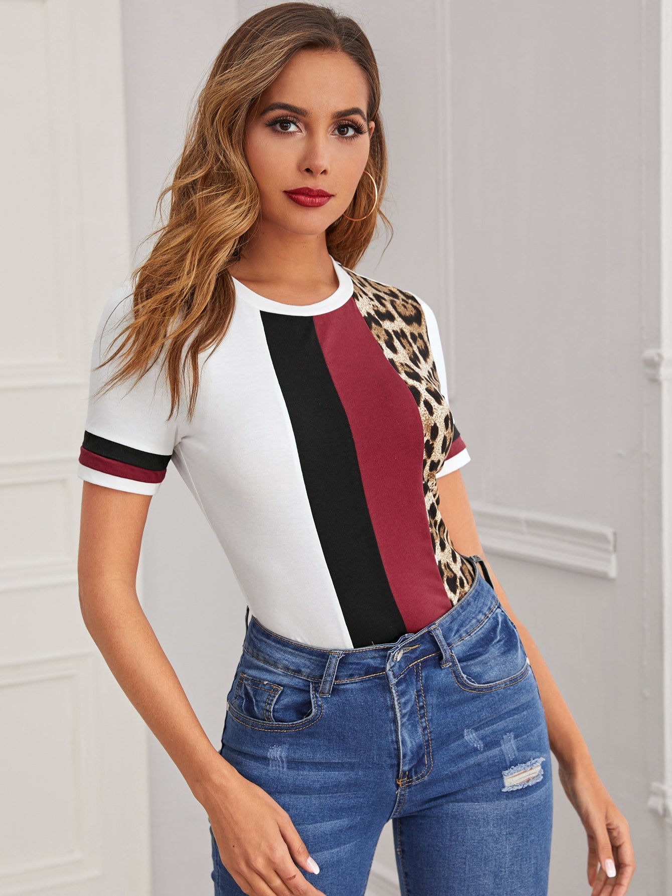 Colorblock Leopard Panel Top