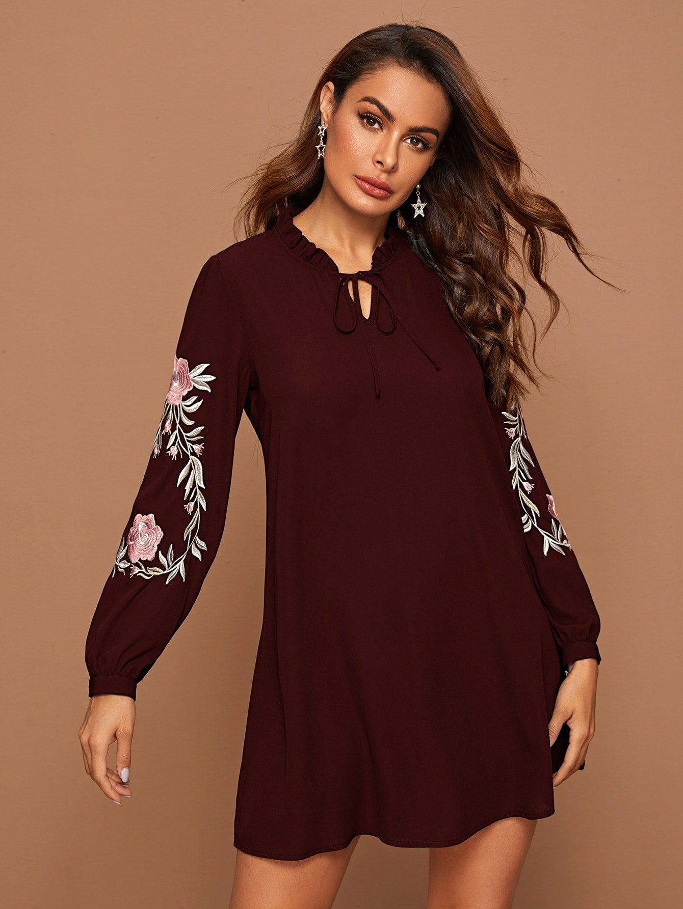 Frill Trim Tie Neck Embroidered Floral Tunic Dress