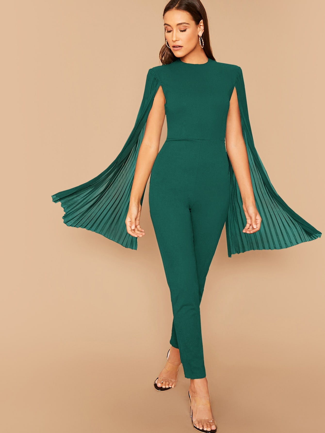 Solid Pleated Sleeve Cape Jumpsuit
