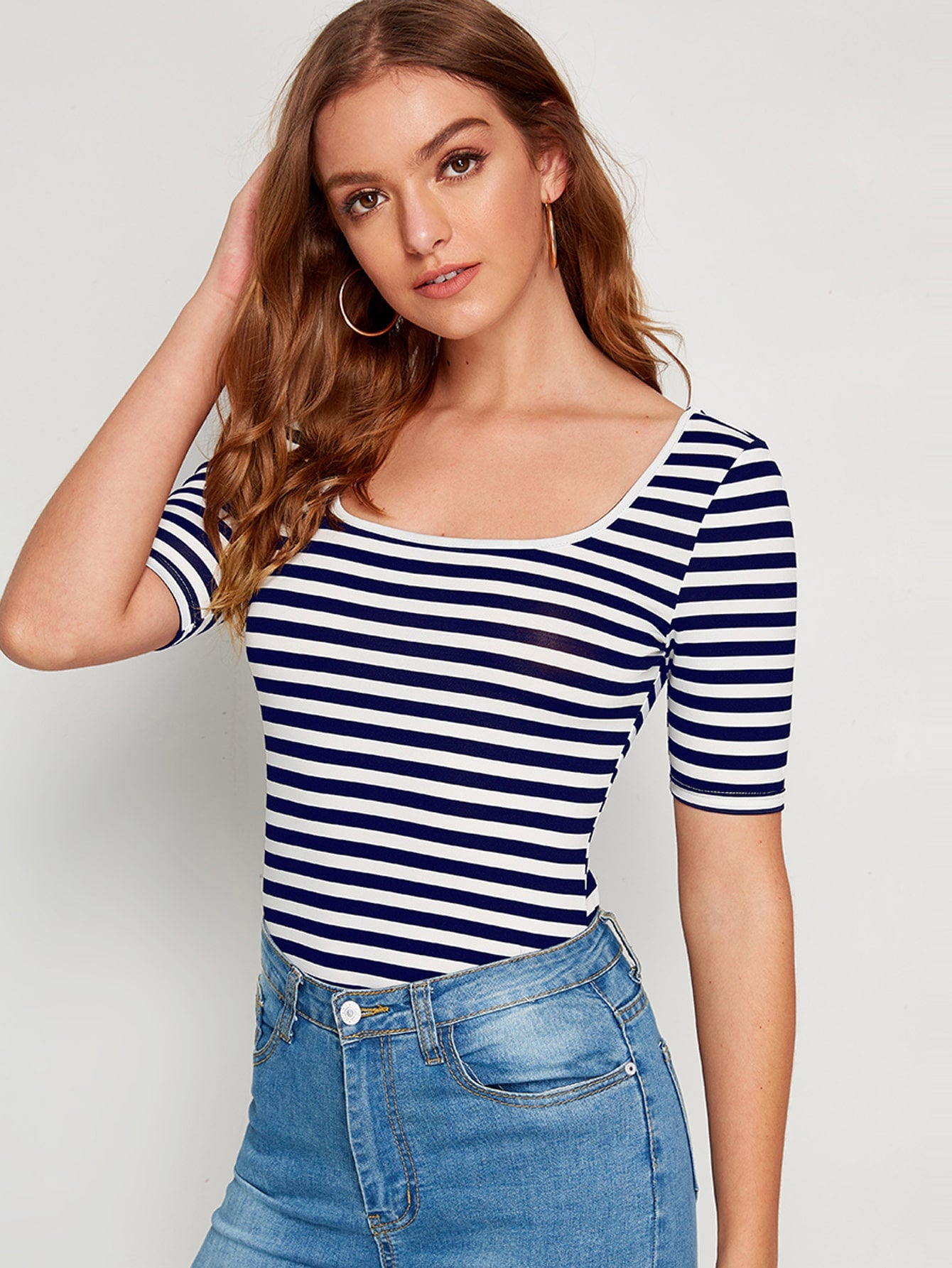 Striped Print Square Neck Slim Tee