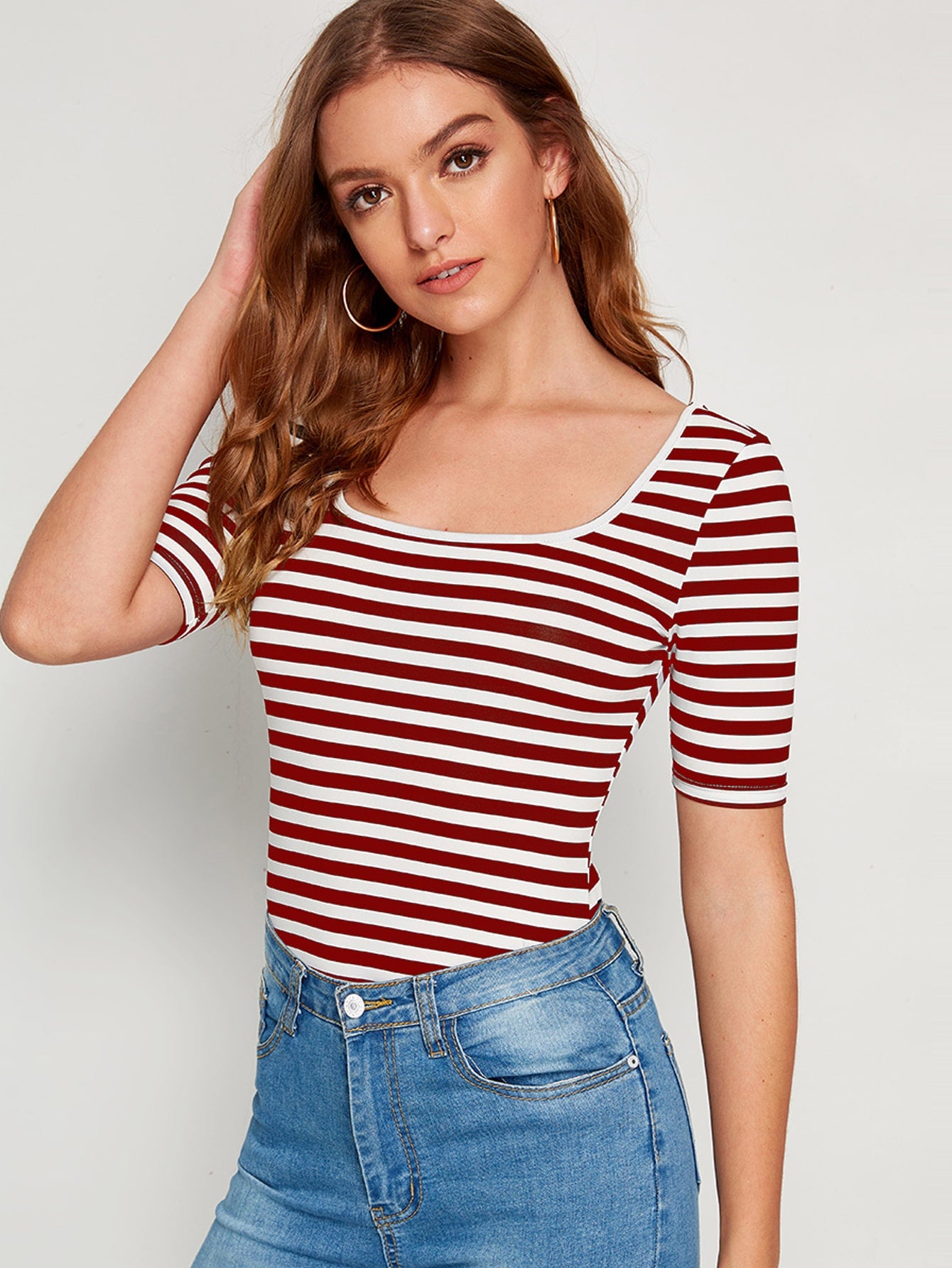 Striped Print Square Neck Slim Tee