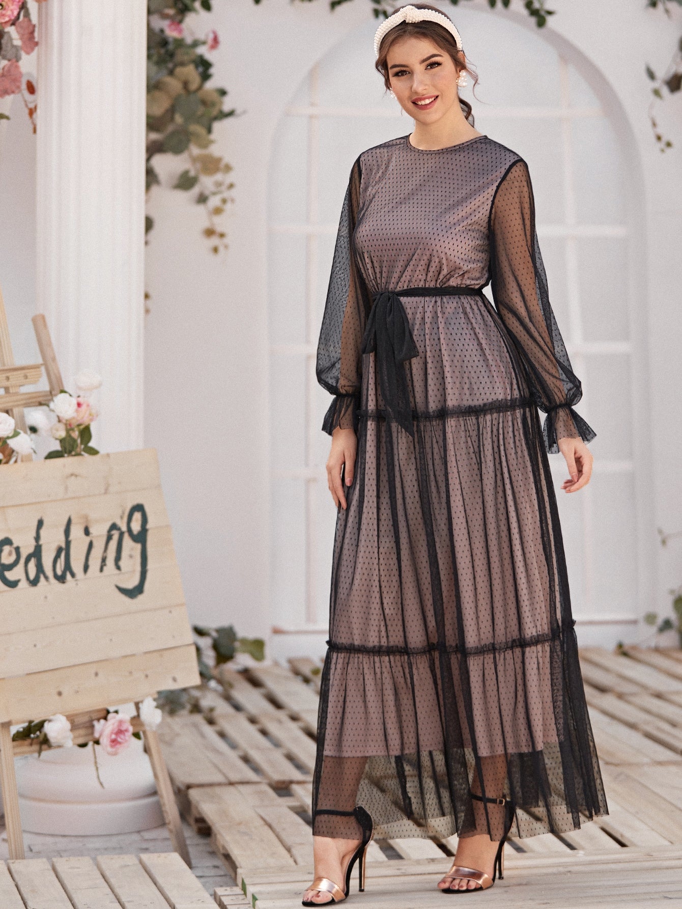 Self Belted Frill Trim Swiss Dot Mesh Overlay Dress