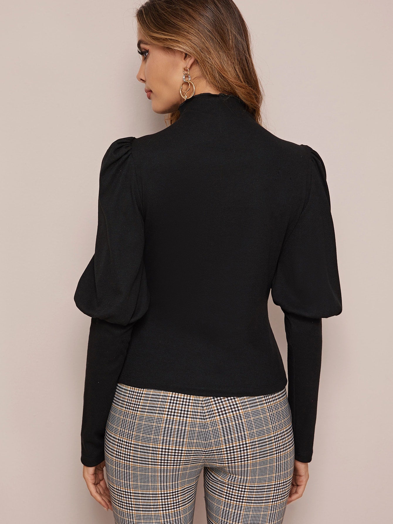 Mock Neck Gigot Sleeve Rib-knit Tee
