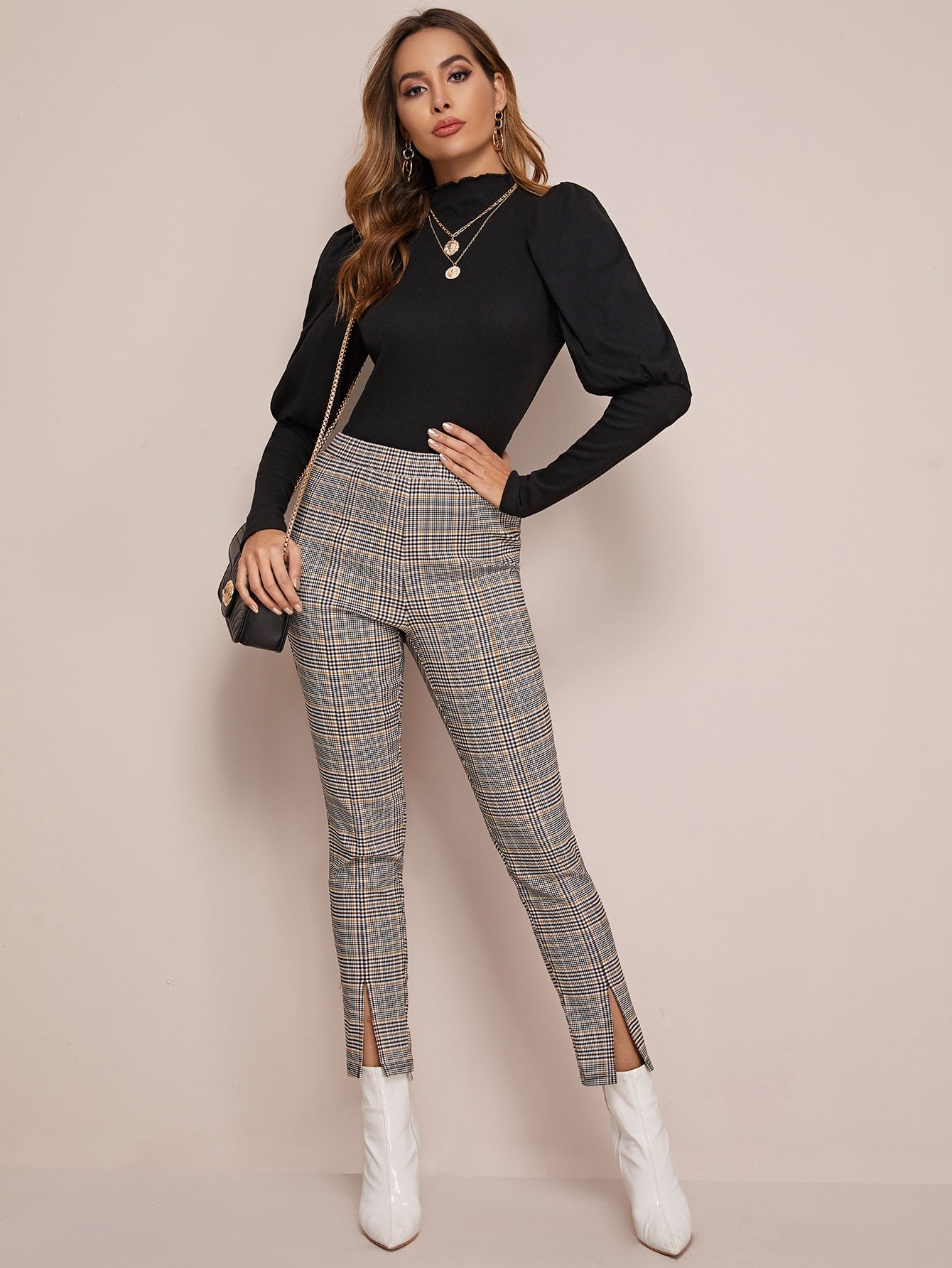 Mock Neck Gigot Sleeve Rib-knit Tee