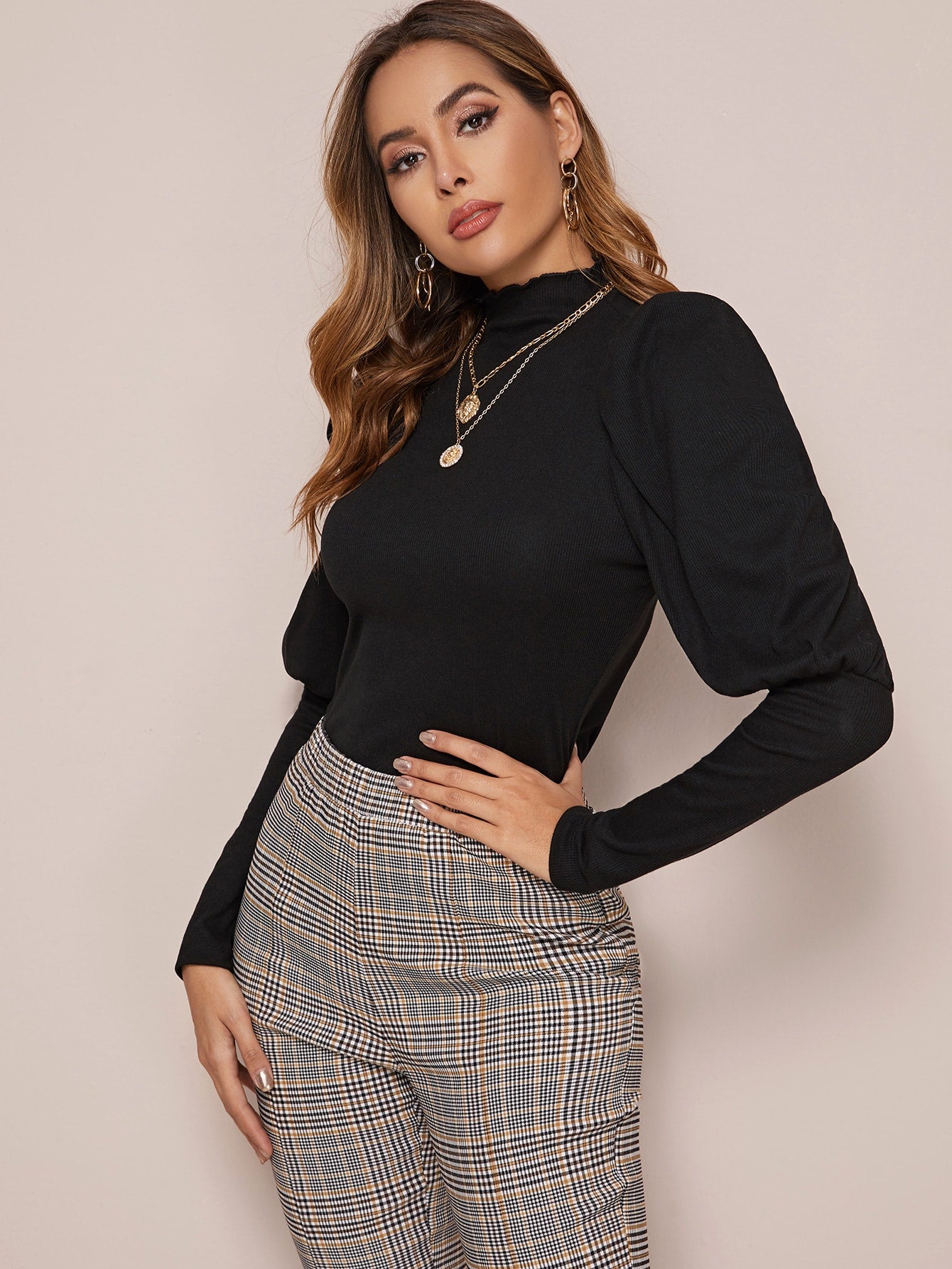 Mock Neck Gigot Sleeve Rib-knit Tee