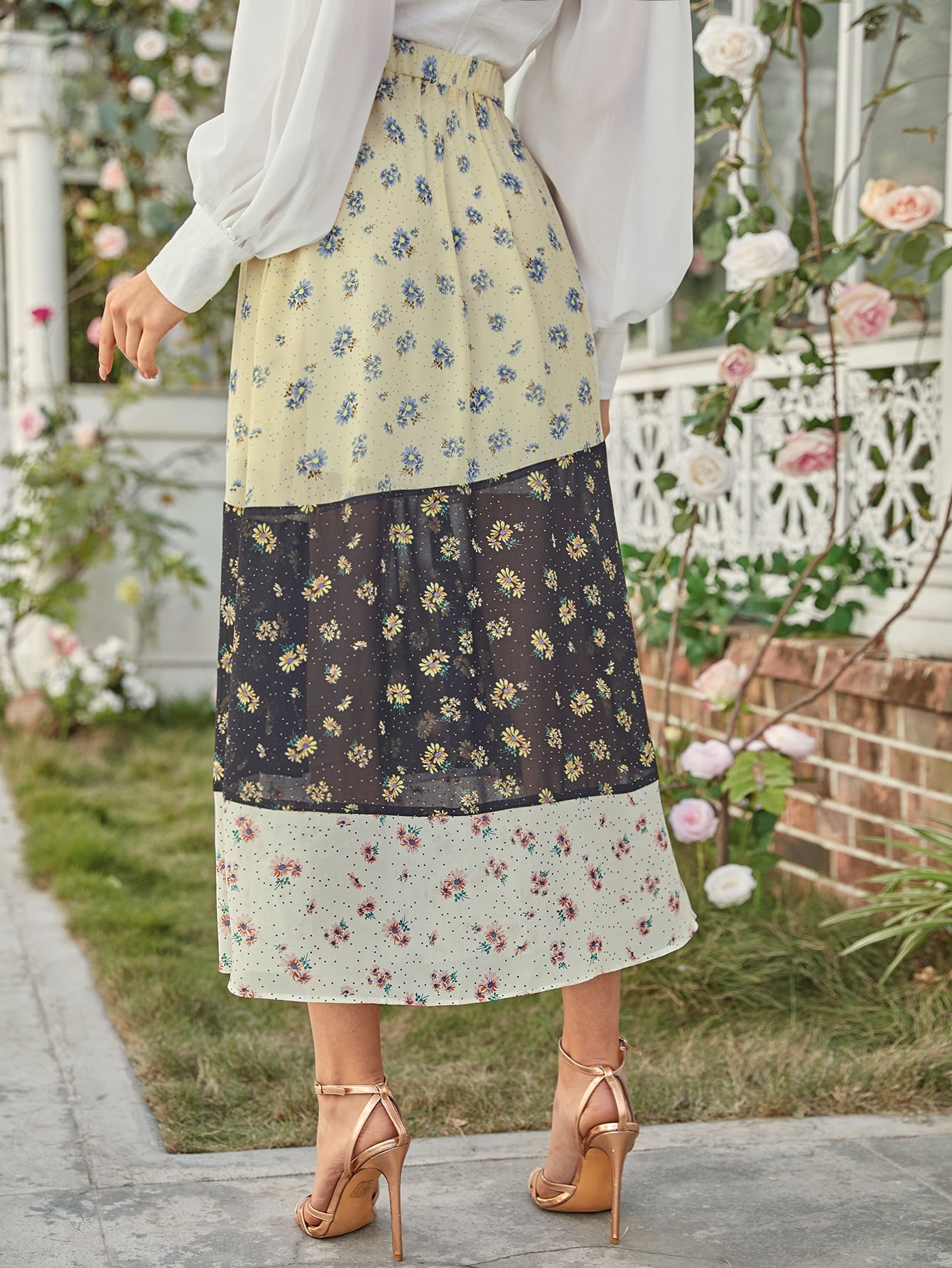 Elastic Waist Ditsy Floral Colorblock Skirt