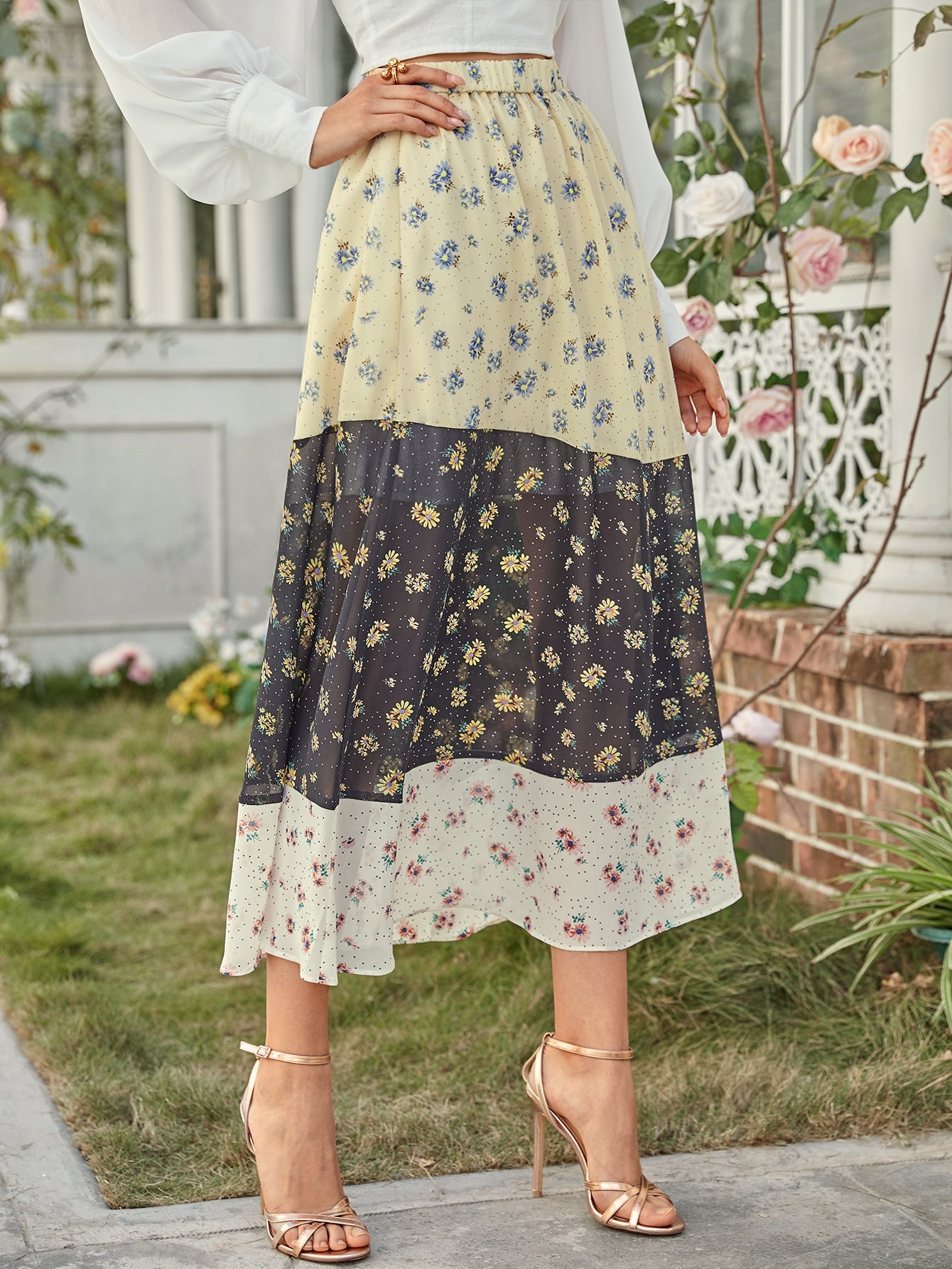 Elastic Waist Ditsy Floral Colorblock Skirt