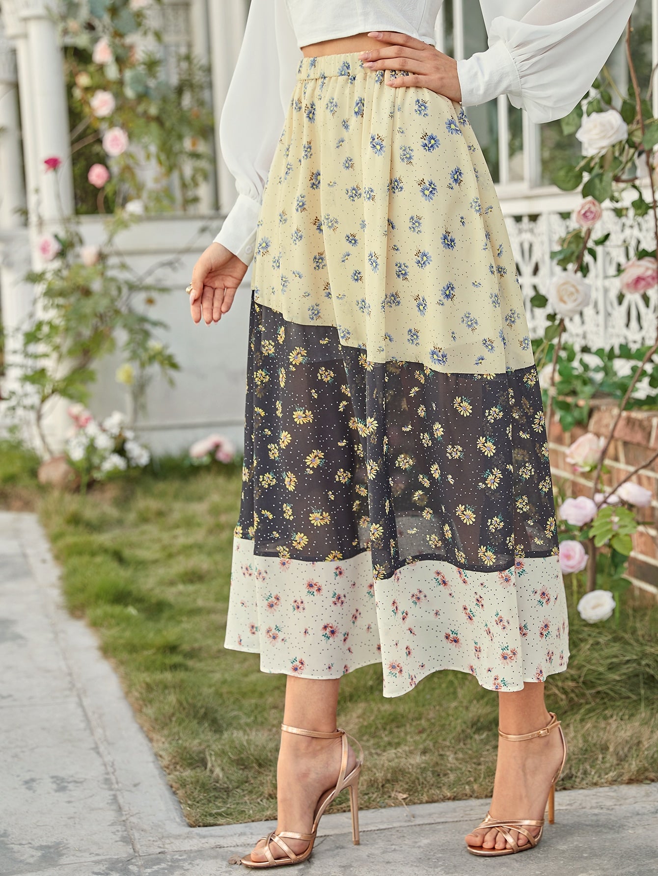 Elastic Waist Ditsy Floral Colorblock Skirt