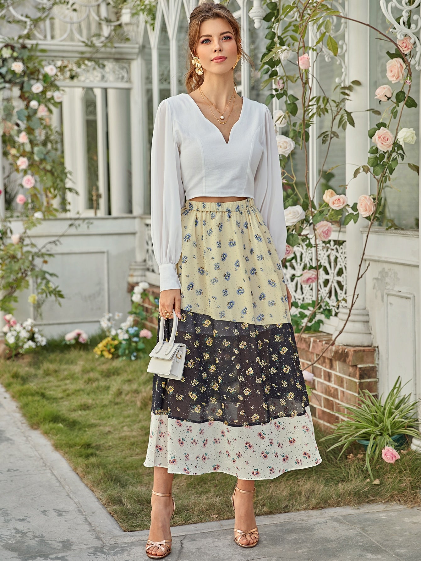 Elastic Waist Ditsy Floral Colorblock Skirt