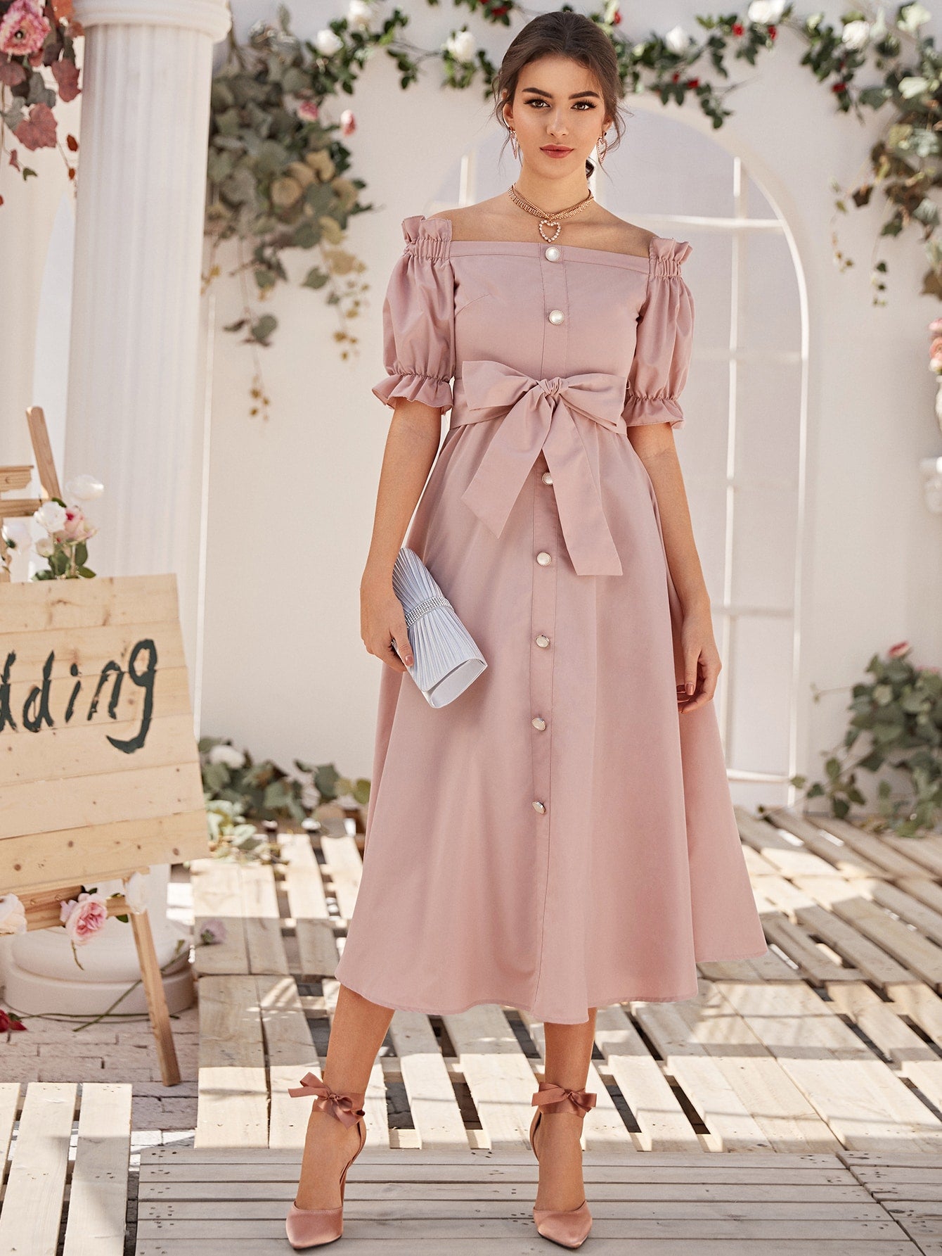 Off Shoulder Ruffle Trim Buttoned Front Belted Dress