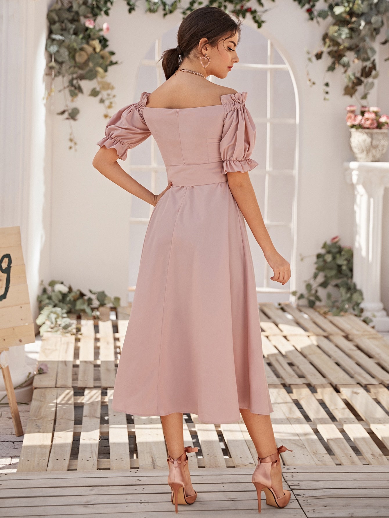 Off Shoulder Ruffle Trim Buttoned Front Belted Dress