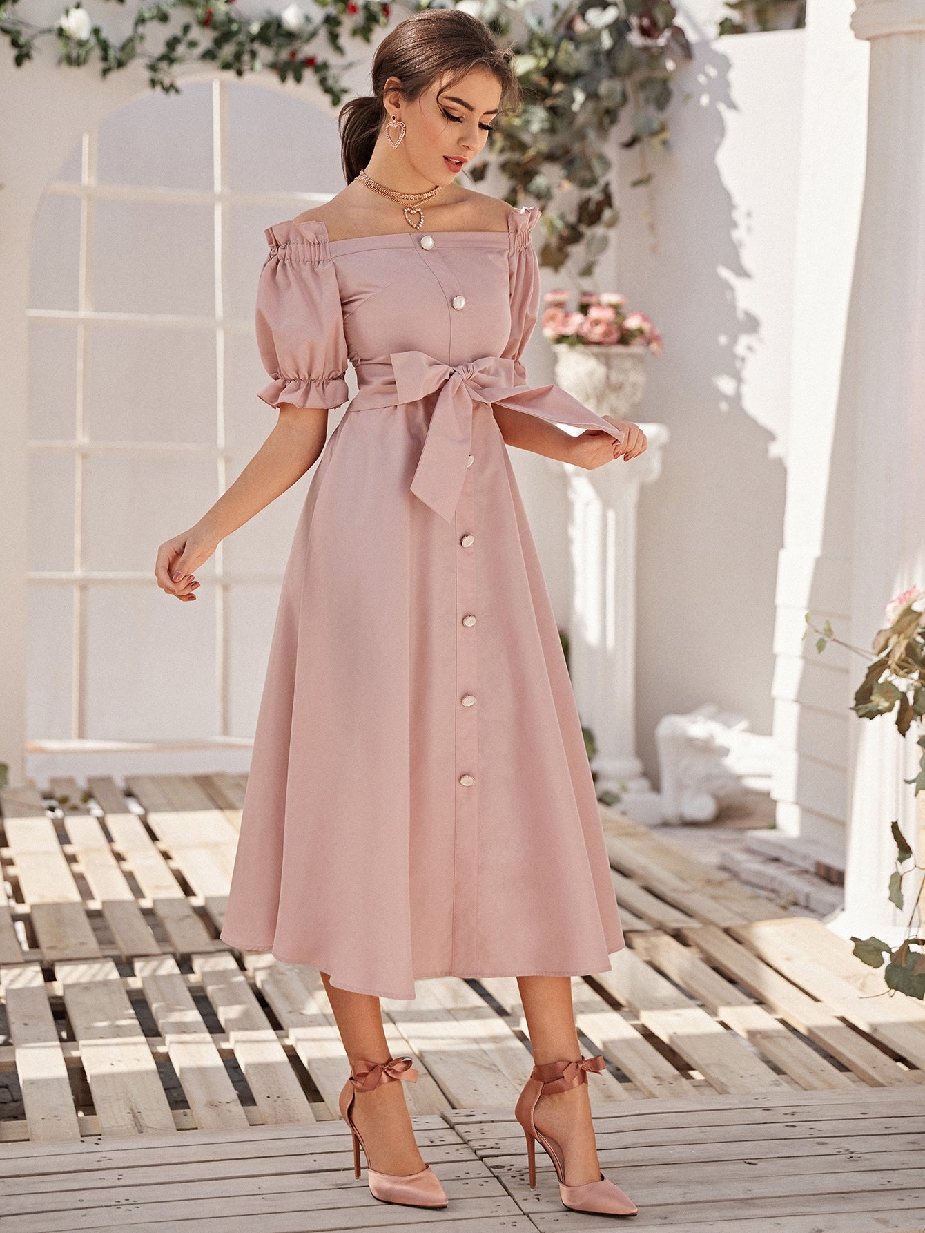 Off Shoulder Ruffle Trim Buttoned Front Belted Dress