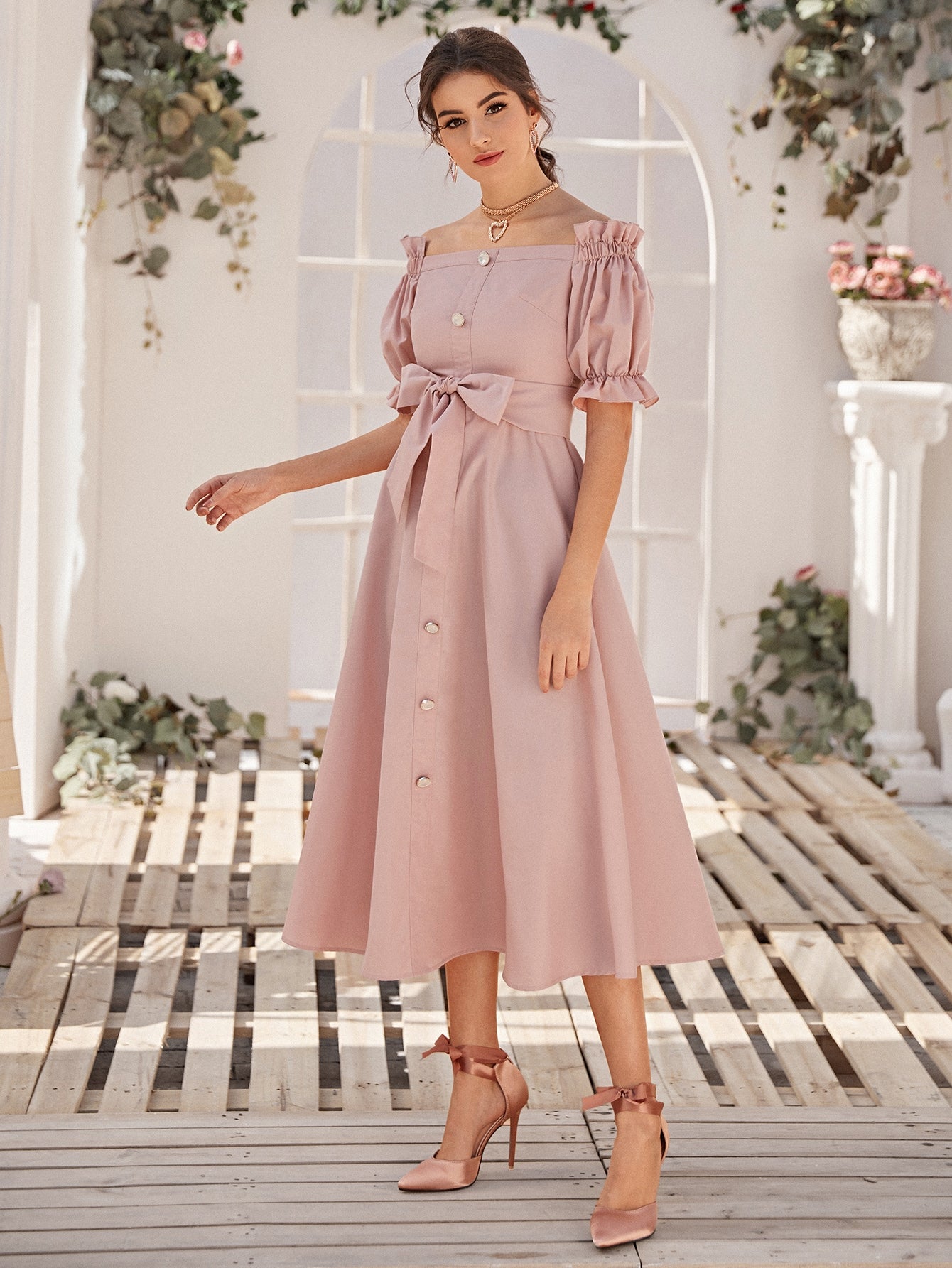 Off Shoulder Ruffle Trim Buttoned Front Belted Dress