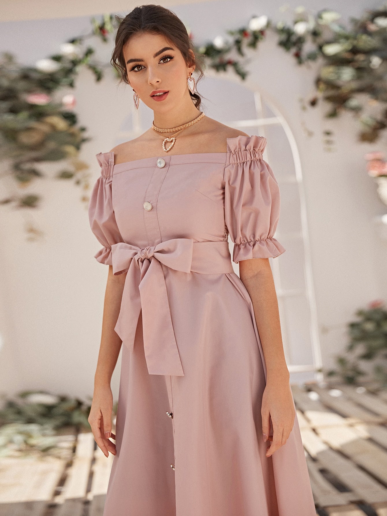 Off Shoulder Ruffle Trim Buttoned Front Belted Dress