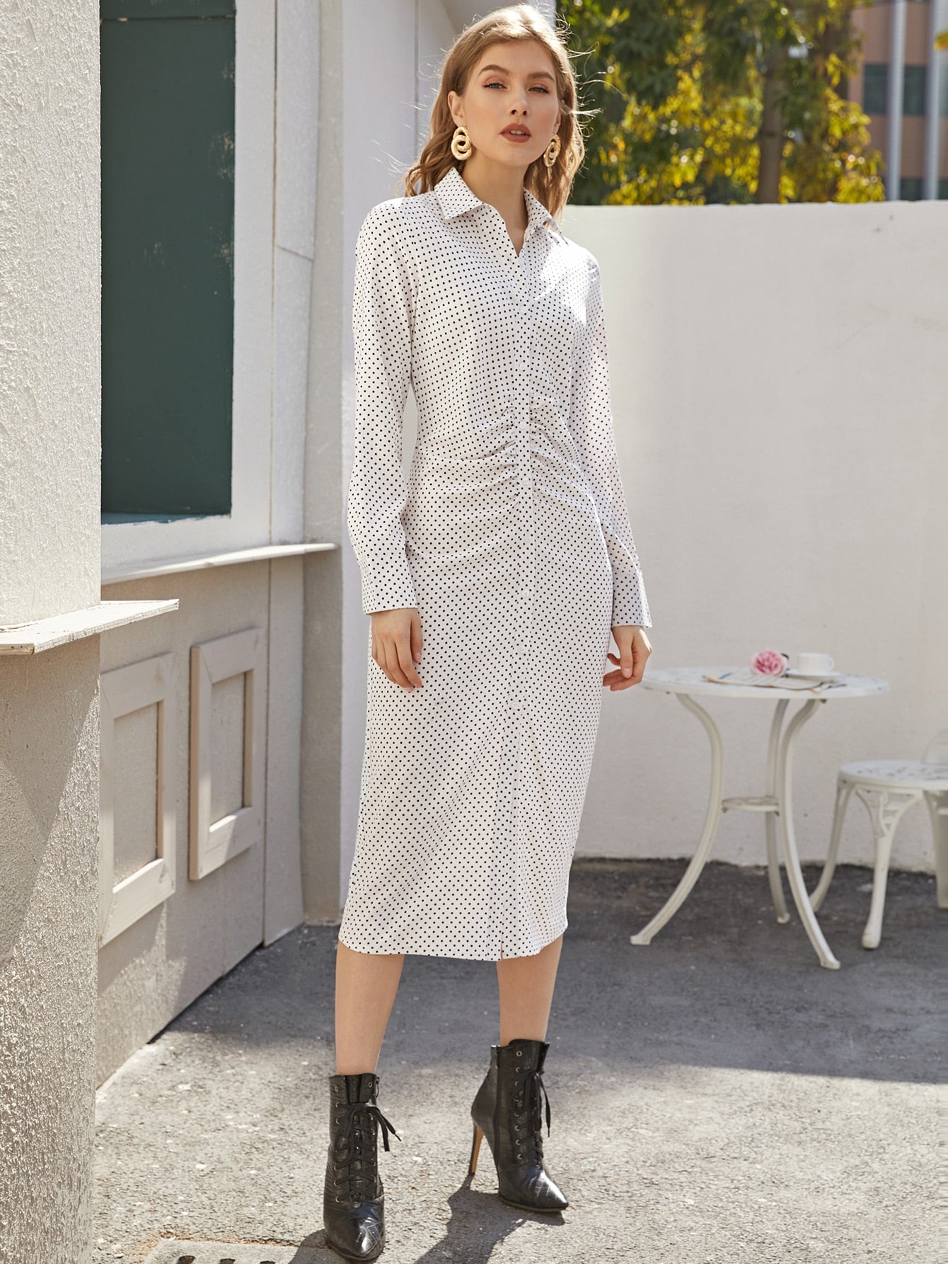 Button Front Ruched Polka-dot Print Shirt Dress