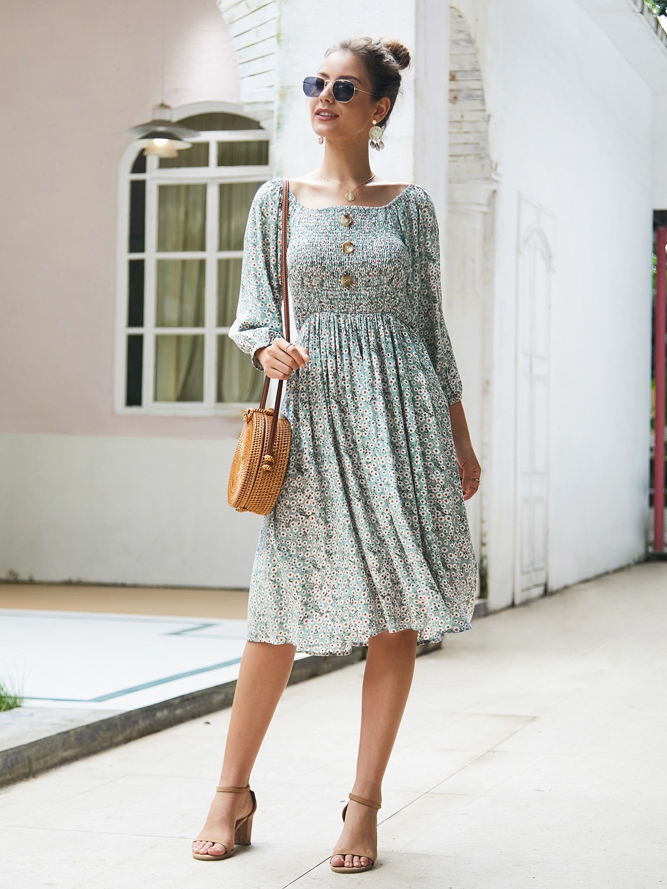 Ditsy Floral Half Button Shirred Dress
