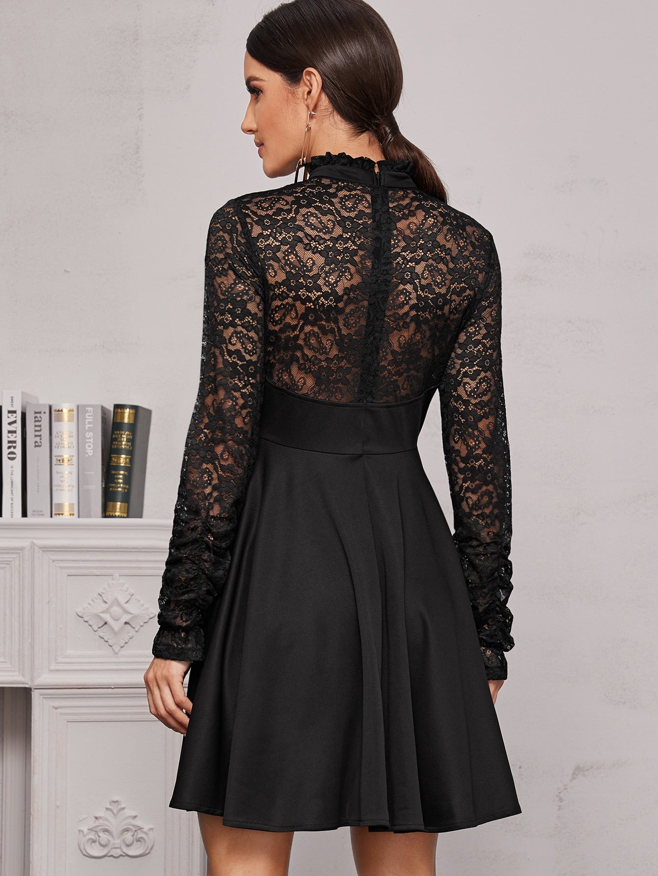 Contrast Lace Mock Neck Flare Hem Dress