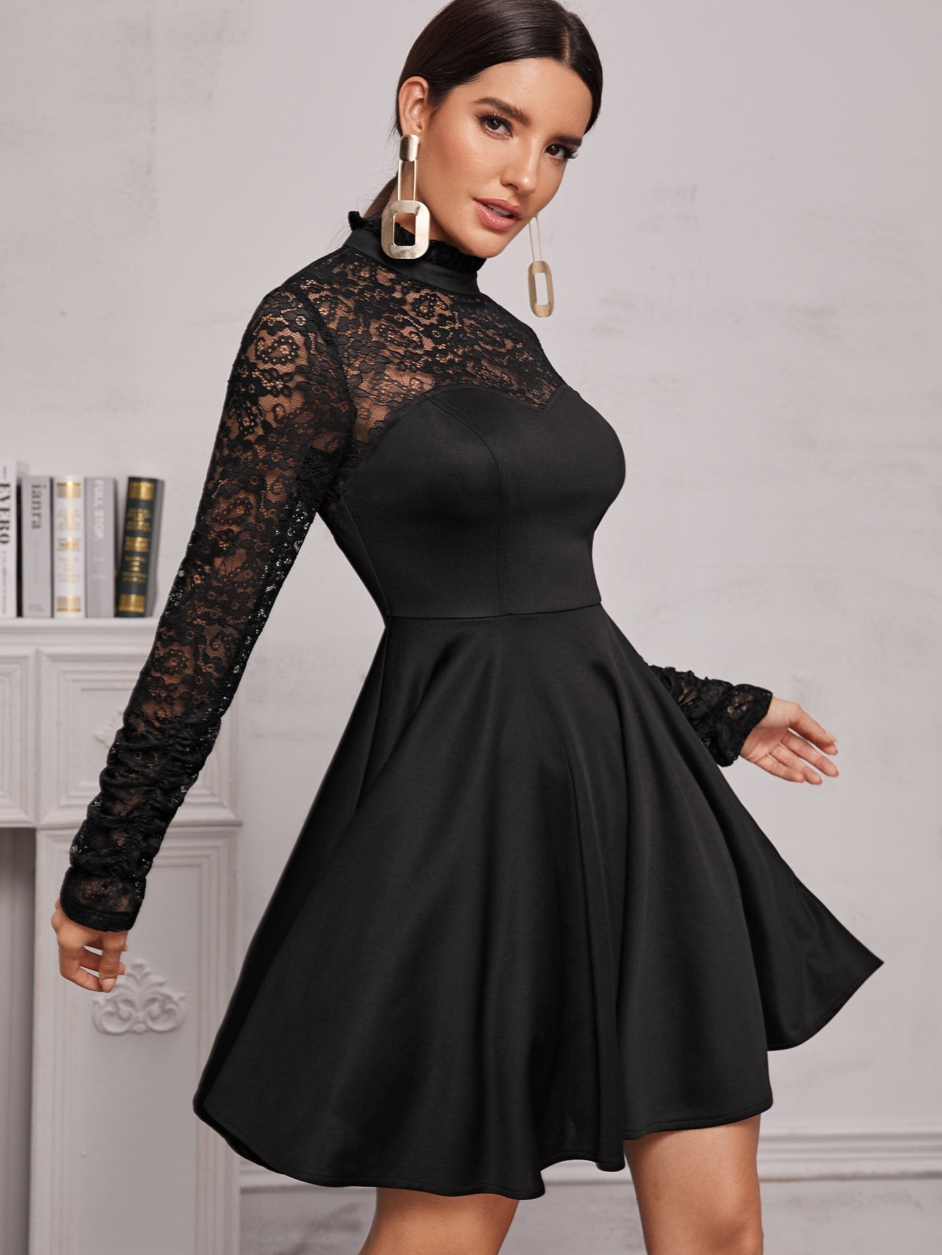 Contrast Lace Mock Neck Flare Hem Dress