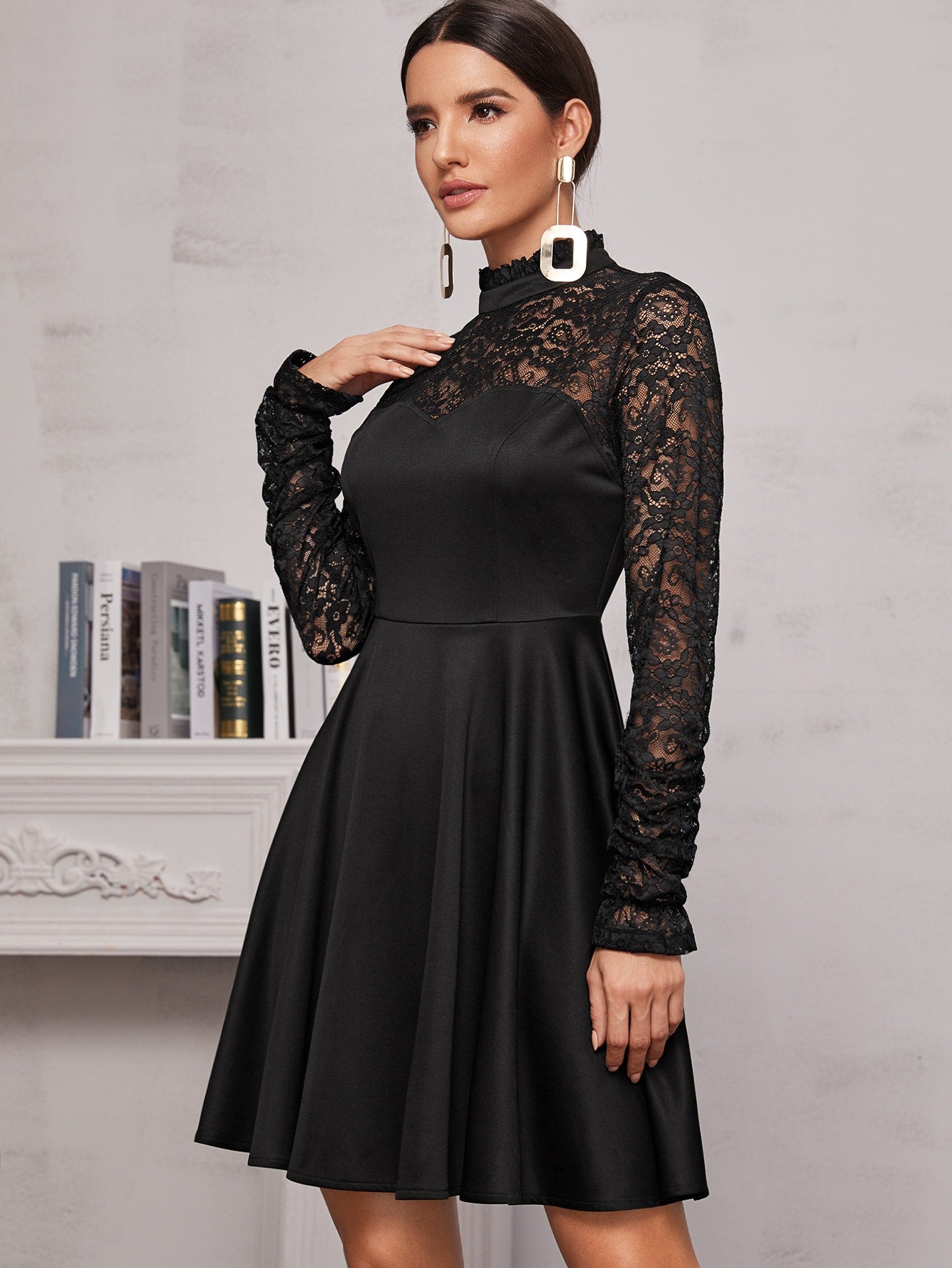 Contrast Lace Mock Neck Flare Hem Dress